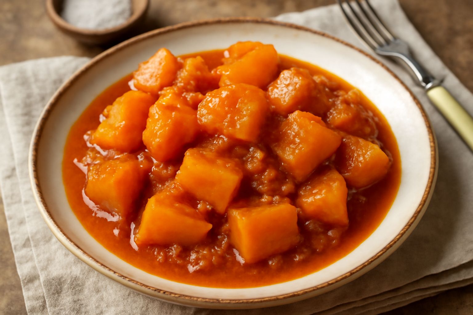 Zucca gialla in umido servita in una ciotola bianca, pezzi morbidi e arancioni immersi in un sugo rosso-arancione con verdure sfatte, guarnito con prezzemolo fresco