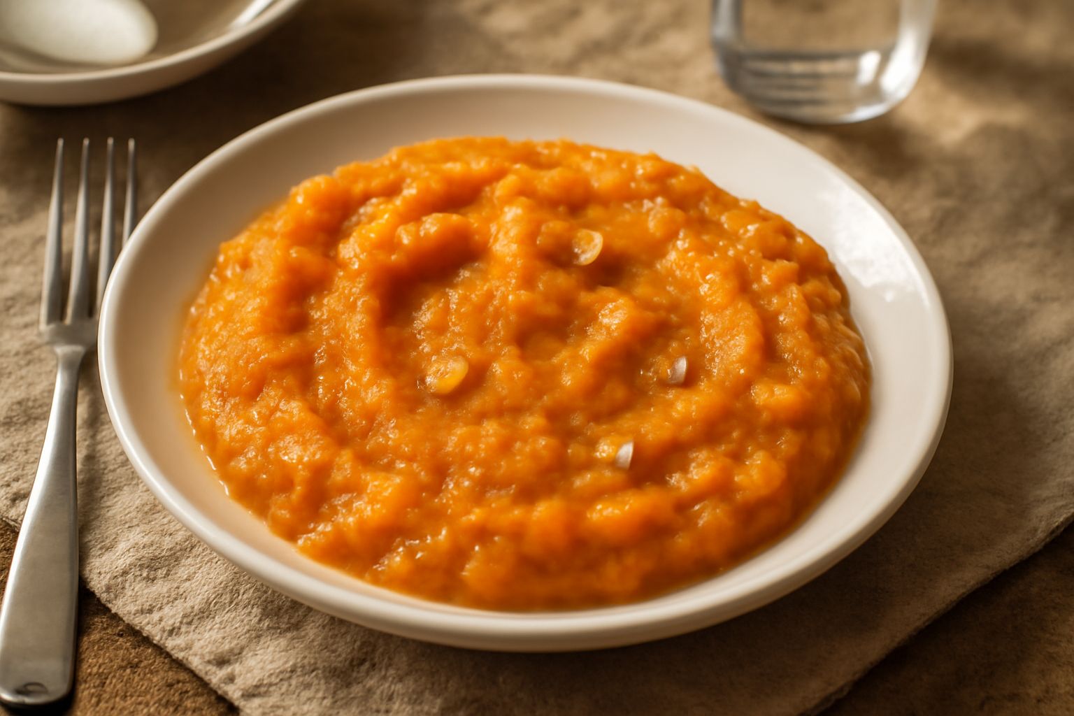 Zucca gialla cremosa saltata in padella, di color arancio intenso, con fili di aglio dorato e gocce di olio, servita in piatto bianco con bordo rustico