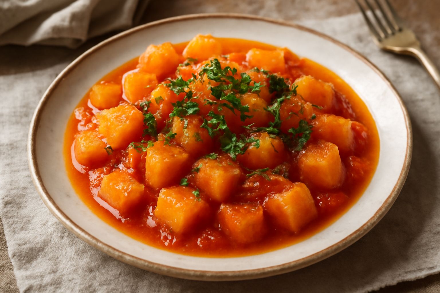 Zucca in umido servita in piatto fondo bianco, cubetti gialli e arancioni morbidi, sugo rosso di pomodoro, prezzemolo fresco sminuzzato in superficie