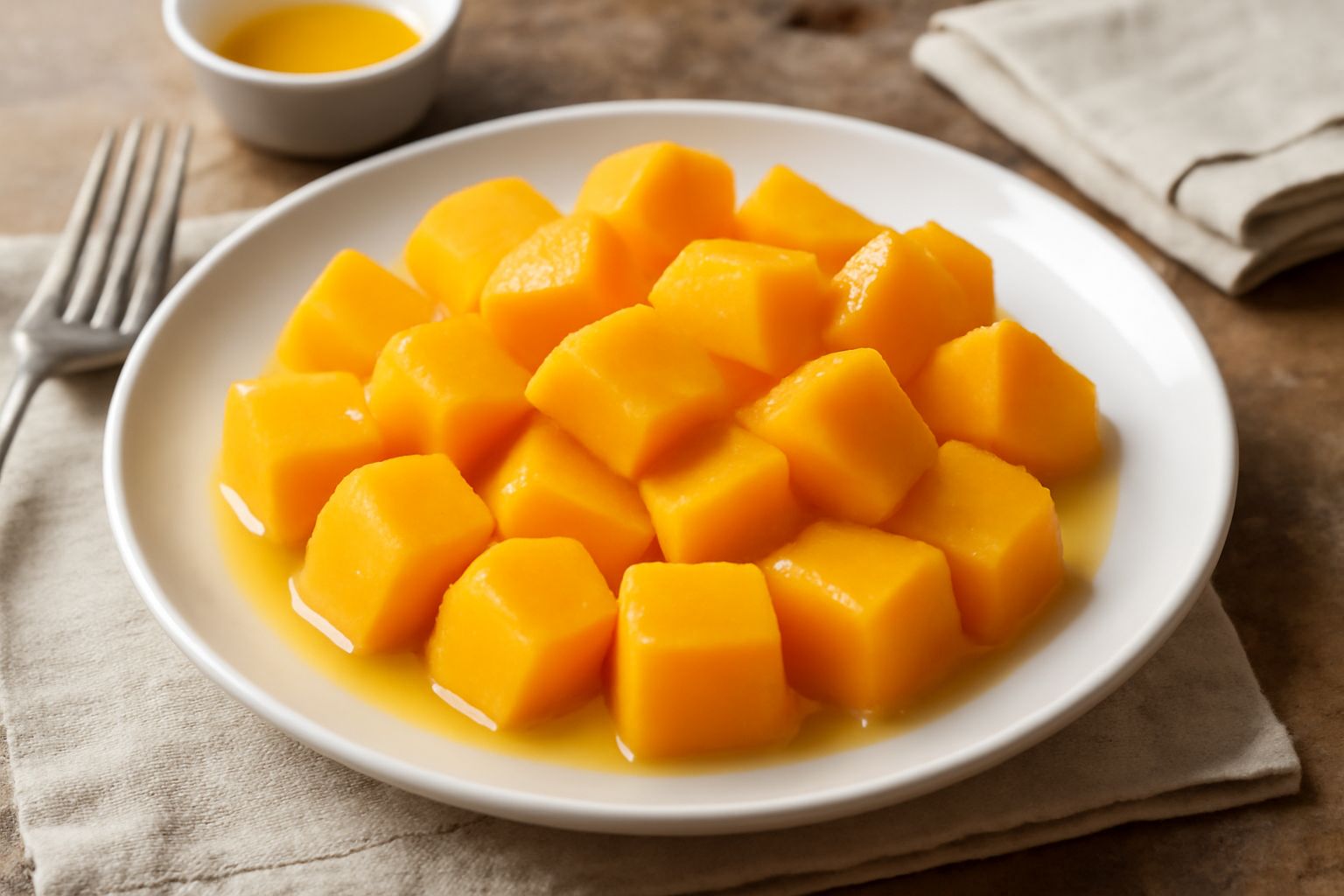 Zucca giallo-arancio lessa a cubetti, fredda in una ciotola bianca, con gocce di olio extravergine, sale marino e pepe nero appena macinato, superficie uniforme e cremosa