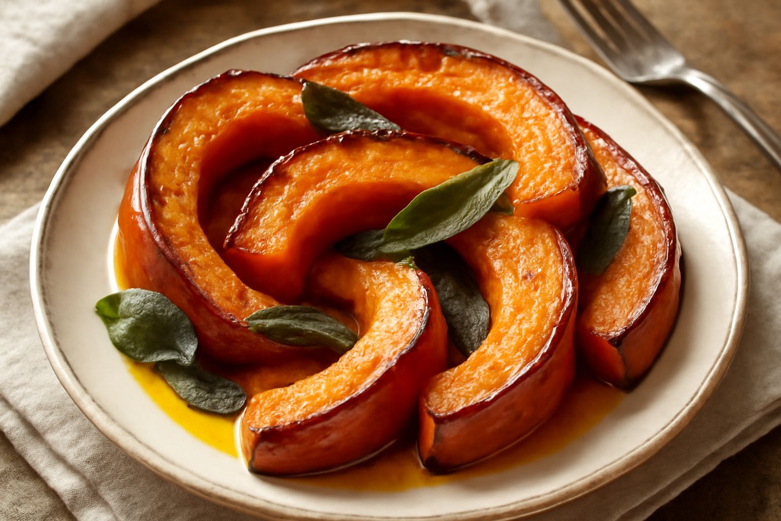 Fettoni di zucca mantovana arrostiti in una teglia di terracotta, con burro fuso, foglie di salvia fresca e doratura dorata, contornati da cipolla caramellata leggera