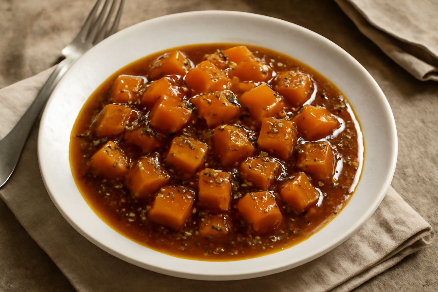 Zucca mantovana a dadini in una ciotola di vetro con salsa ambrata, grani di senape visibili, vapore leggero, contorno di spezie intere e cucchiaio in legno accanto