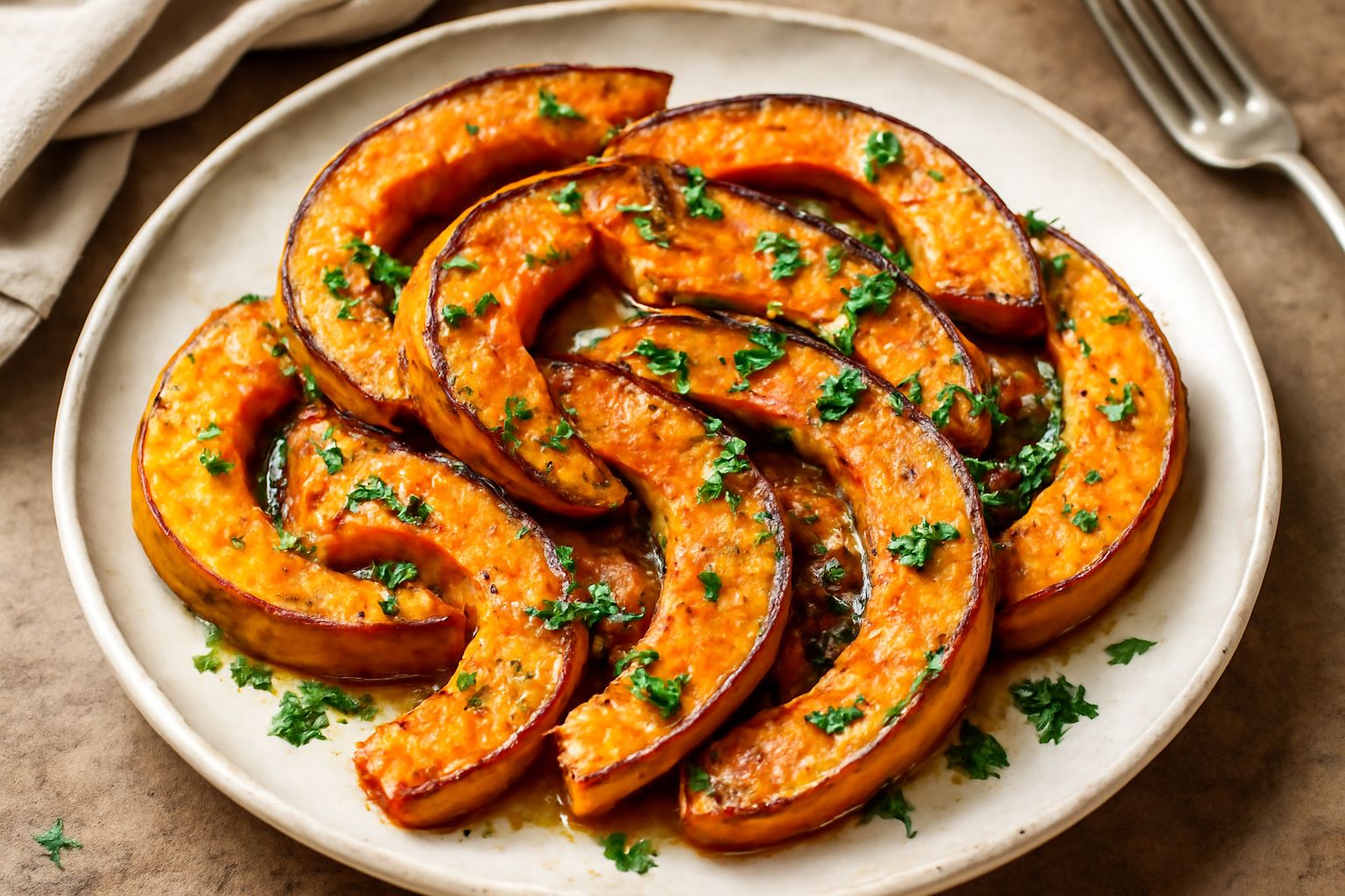Zucca mantovana ripassata in piatto bianco, fette dorate e croccanti ai bordi, prezzemolo verde sparso sopra, olio che luccica sulla superficie