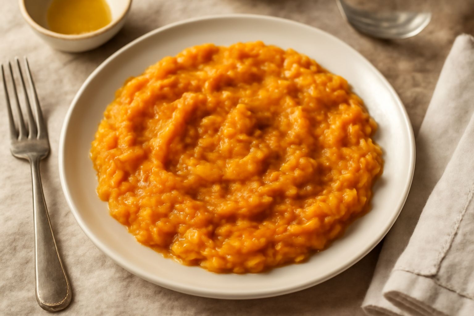 Zucca ripassata color arancio cremoso in un piatto bianco, con cipolla trasparente e salvia fresca, servita con cucchiaio di legno
