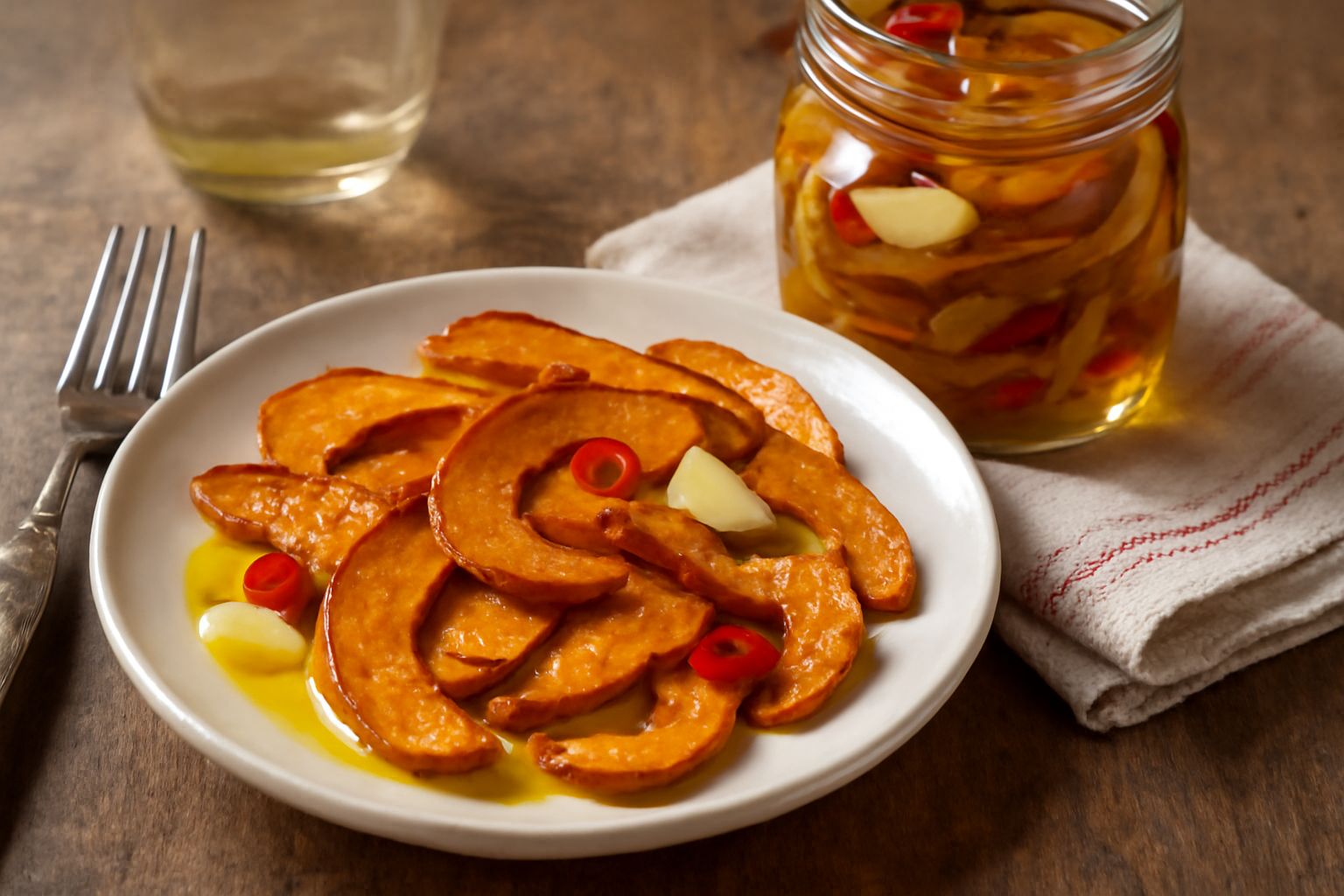 Zucca gialla tagliata a fette croccanti e fritte, dentro un barattolo di vetro con olio trasparente, aglio e peperoncino rosso, vista dall'alto su fondo bianco