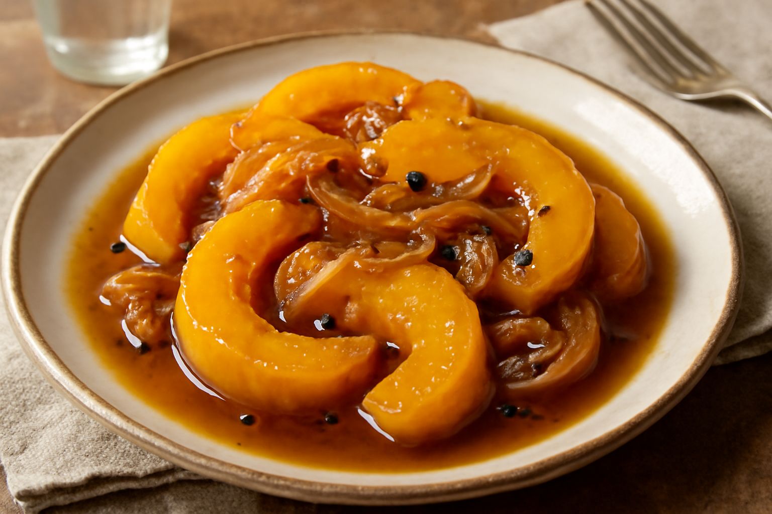 Zucche gialle tagliate a fette e cotte, disposte su un piatto bianco con salsa agrodolce lucida, cipolla caramellata e granelli di pepe nero visibili, contorno di prezzemolo fresco