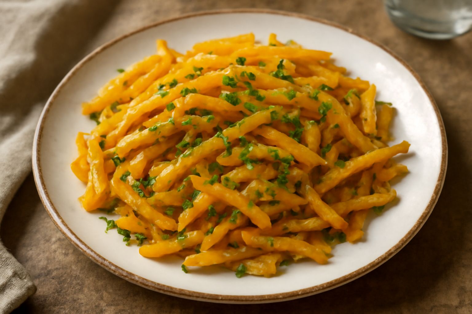 Zucche gialle trifolate dorate in un piatto bianco, condite con aglio e prezzemolo verde, olive oil lucida, contorno di vapore caldo appena impiattato