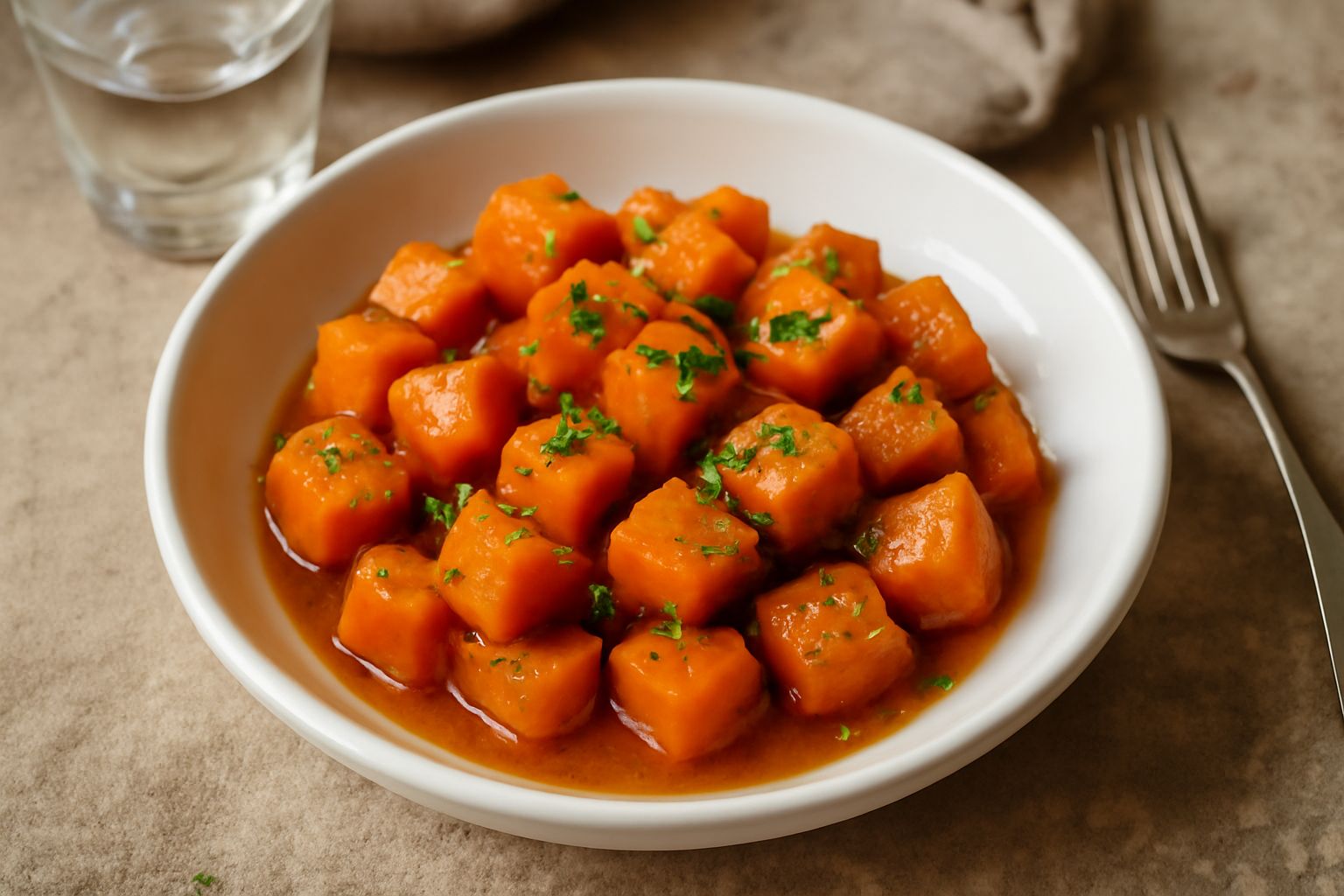 Zucche tagliate a cubetti di colore arancione dorato, leggermente caramellate, in un piatto bianco con ciotola di aceto e rametto di salvia sullo sfondo