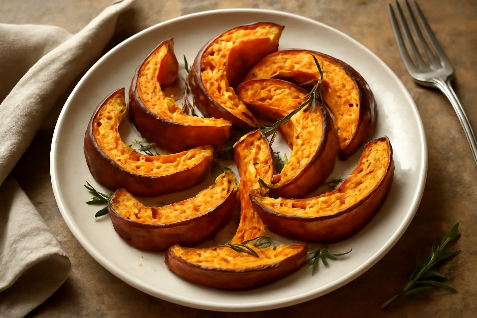 Spicchi di zucca rossa cotta al forno su un piatto bianco, con buccia leggermente rosso scuro e polpa arancione dorata, cosparsi di olio d'oliva e erbe aromatiche fresche