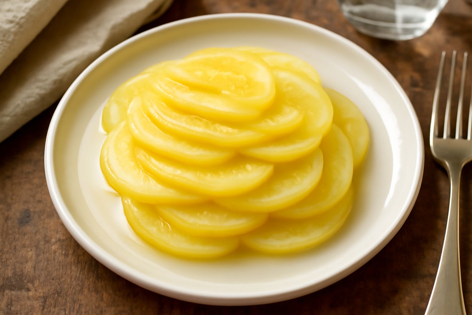 Vasetto di vetro con zucche tagliate sottili conservate in aceto, di colore giallo pallido e trasparente, con fette regolari ben visibili e qualche goccia di aceto sul fondo del piatto in cui è poggia