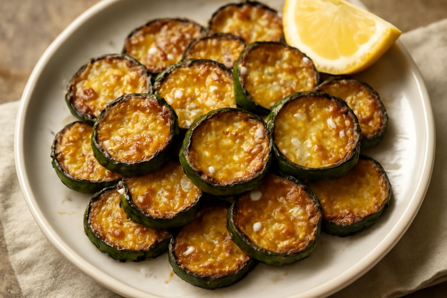 Zucchine fritte dorate e croccanti impilate su carta bianca, con gocce di olio, sale grosso sparso sopra e un limone tagliato a metà sullo sfondo