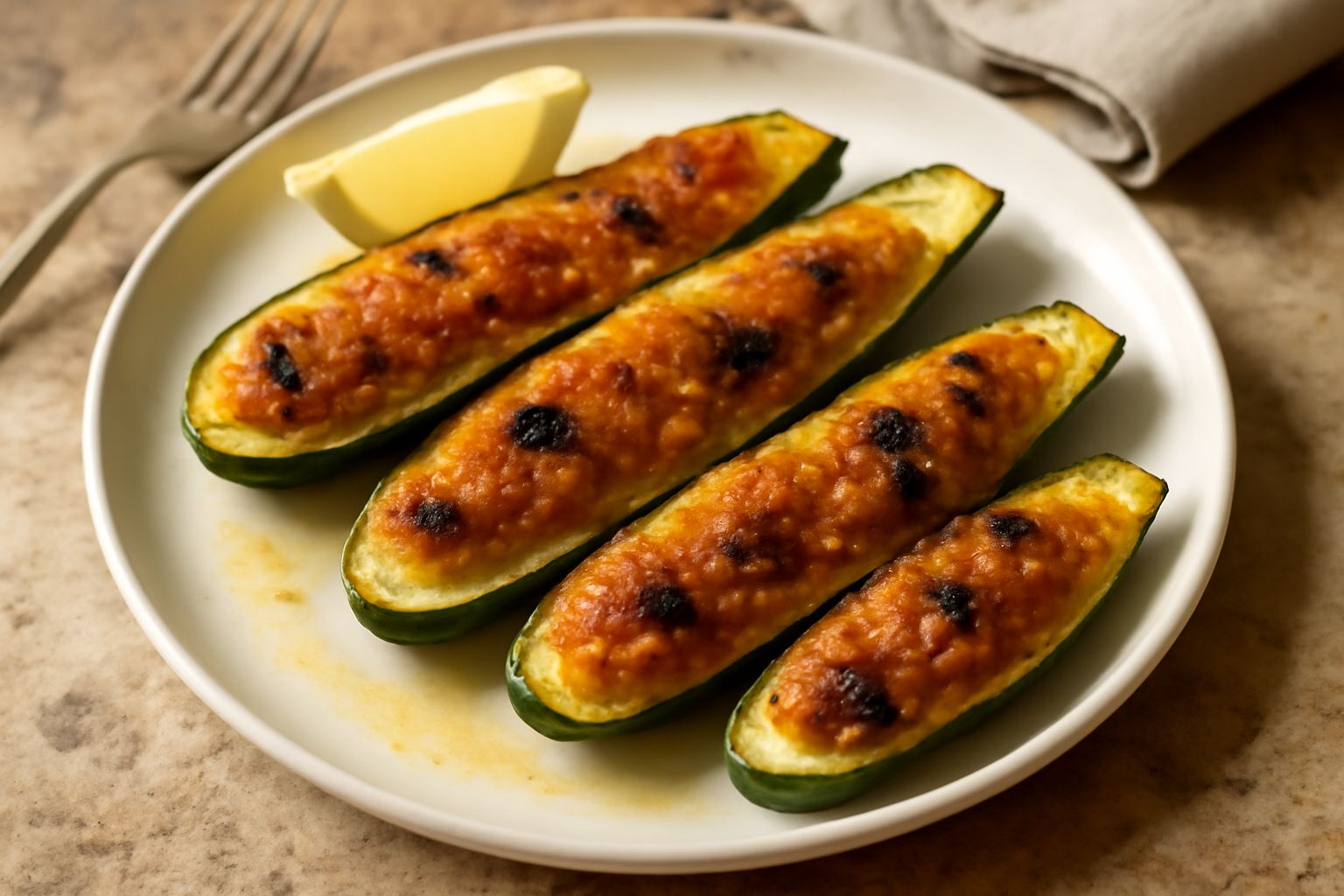 Zucchine a beccafico dorate e croccanti nel piatto, metà zucchina con ripieno visibile di pangrattato biondo e uvetta scura, contorno di limone fresco