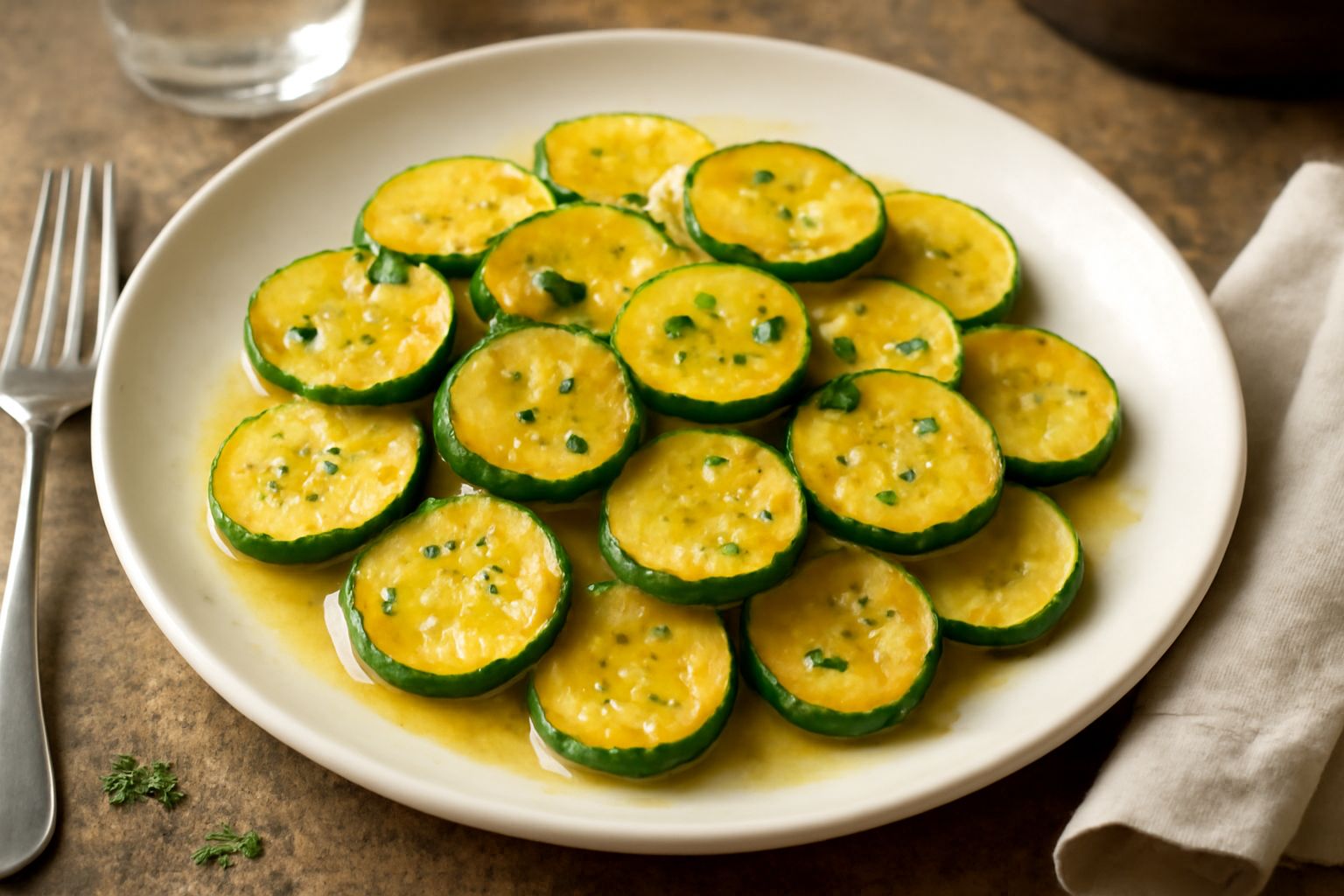 Zucchine tagliate in rondelle, dorate e morbide in una padella di acciaio, condite con burro fuso e prezzemolo fresco tritato, su fondo bianco