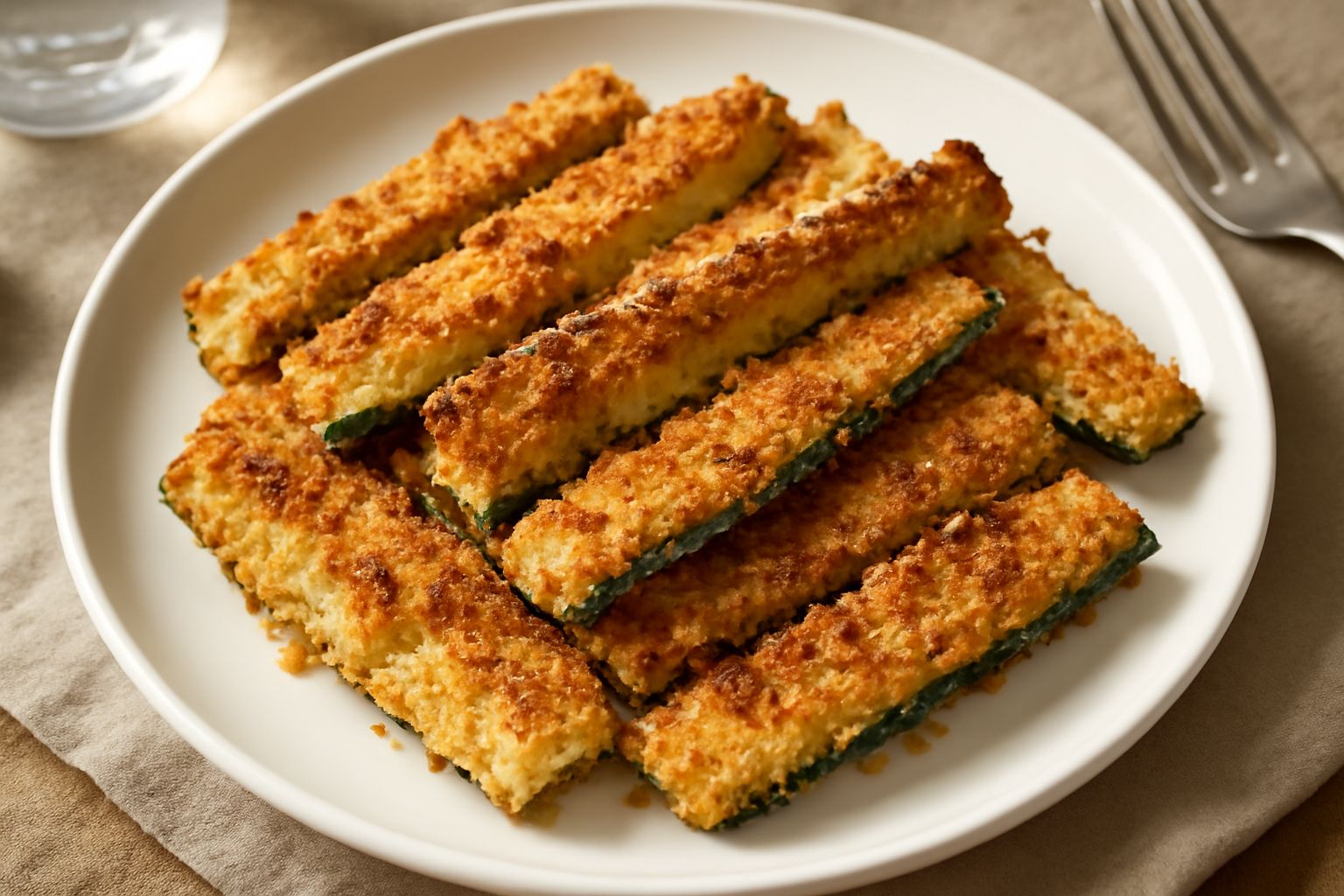Zucchine al forno dorate e croccanti in una teglia di ceramica bianca, con una leggera doratura bruna sulla superficie, sparse di pangrattato tostato e parmigiano grattugiato, servite tiepide su un pi