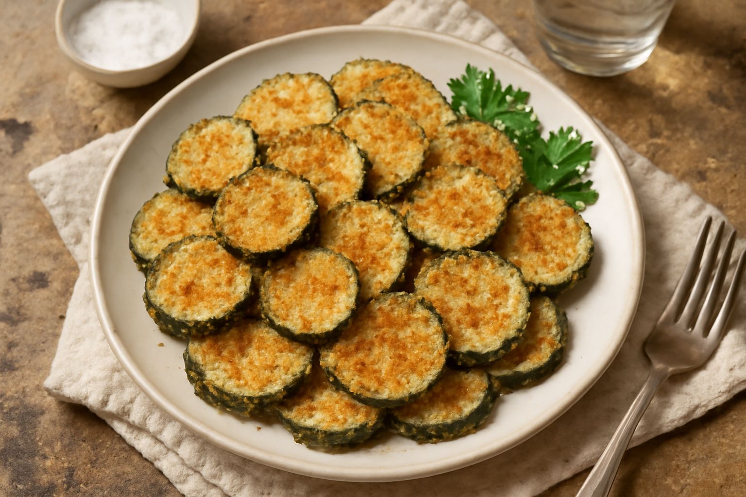 Zucchine affettate in teglia da forno, coperte di pangrattato biondo dorato e un filo d'olio, pronte a servire su un piatto bianco con contorno di prezzemolo fresco
