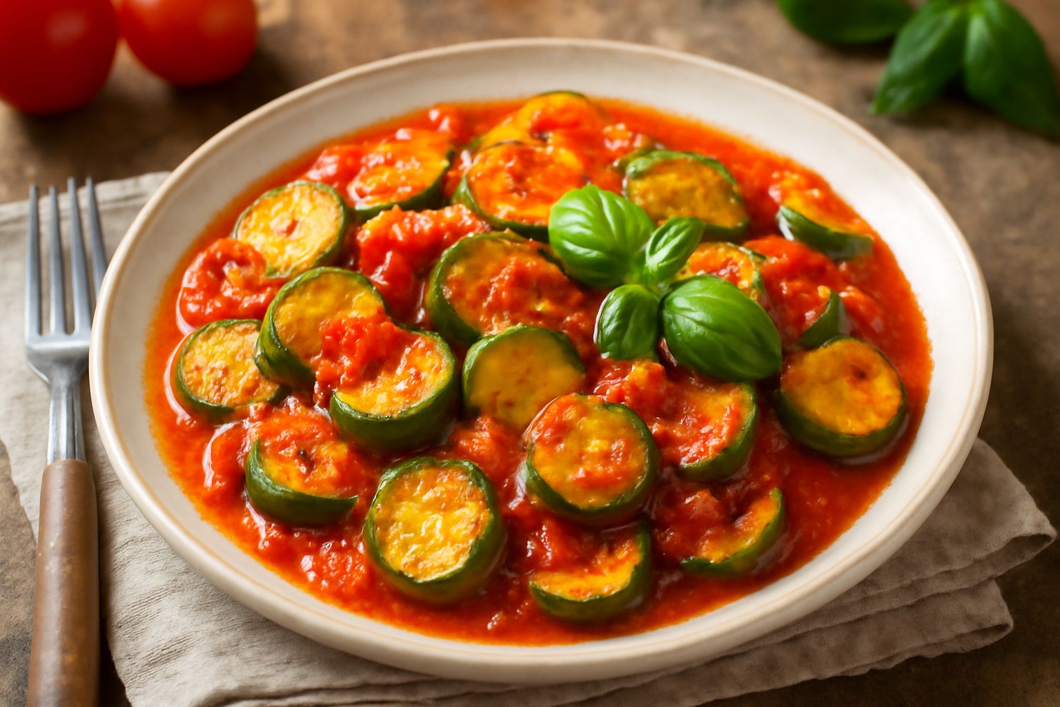 Zucchine tagliate a rondelle e cubetti di pomodoro rosso in un piatto bianco, cosparse di basilico verde e olio lucido, sugo rosso intorno