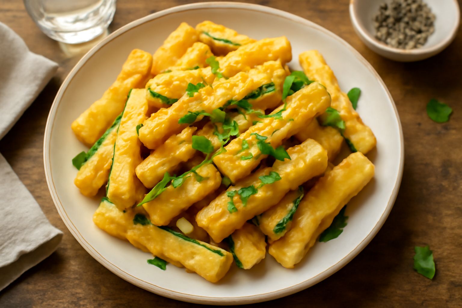 Zucchine tagliate a bastoncini dorati e croccanti su un piatto bianco, cosparse di aglio fresco tritato e aceto trasparente, con qualche goccia visibile sulla superficie