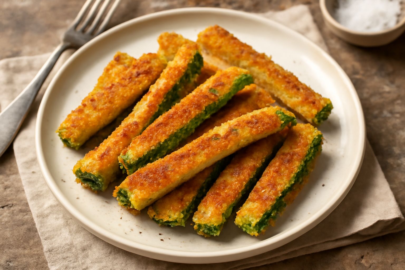 Bastoncini di zucchina fritti dorati e croccanti, disposti su un piatto bianco con una guarnizione di prezzemolo fresco, parmigiano grattugiato e una fetta di limone al bordo