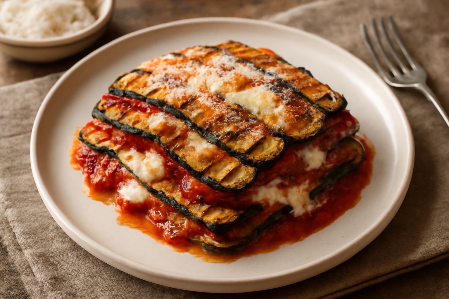 Piatto di zucchine alla parmigiana servito in ceramica bianca: strati visibili di zucchine grigliate dorate, sugo di pomodoro rosso, mozzarella filante bianca e parmigiano grattugiato in superficie, a