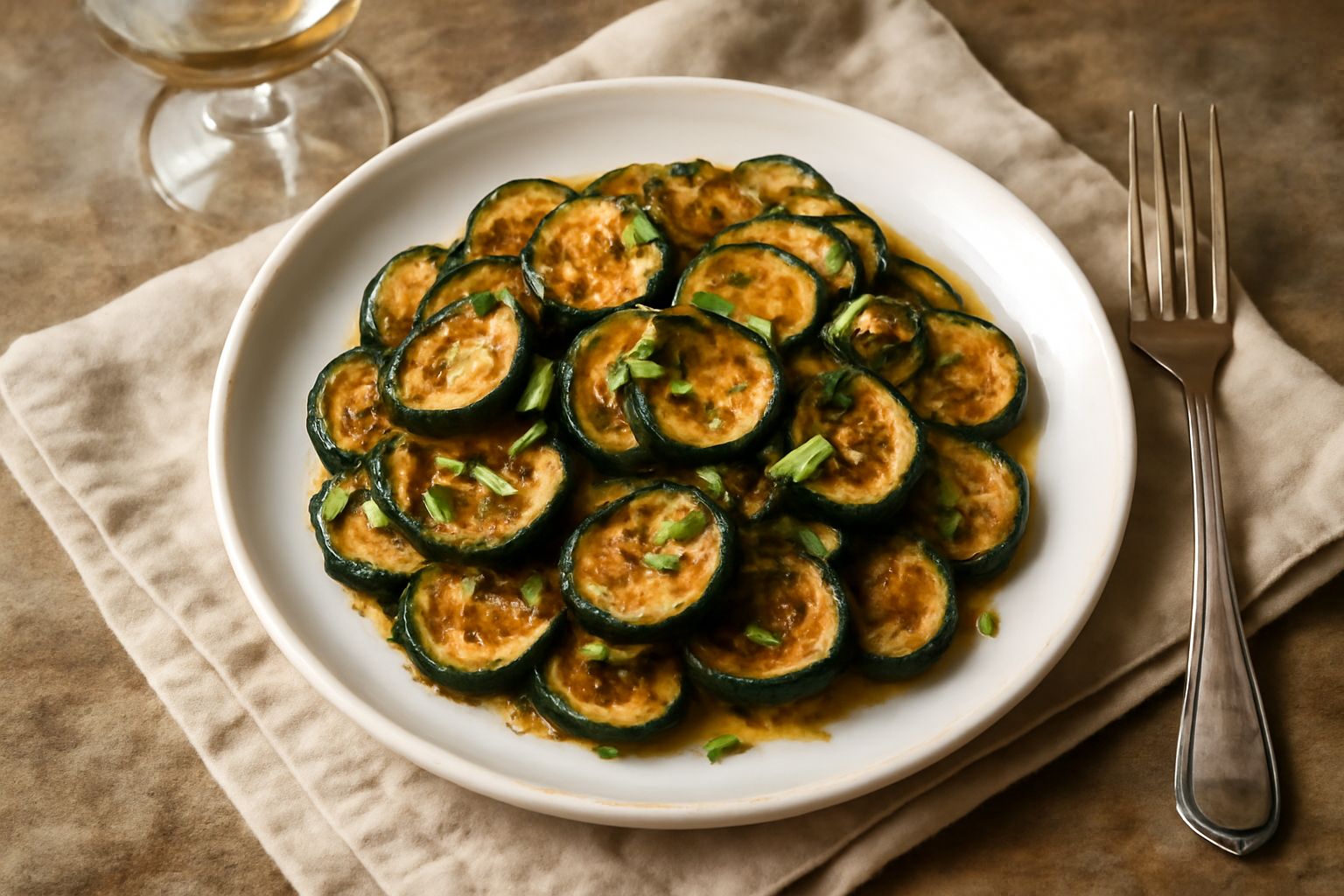 Zucchine fritte dorate e croccanti, marinate in aceto con foglie di menta fresca, poste in una ciotola bianca su un tavolo di cucina