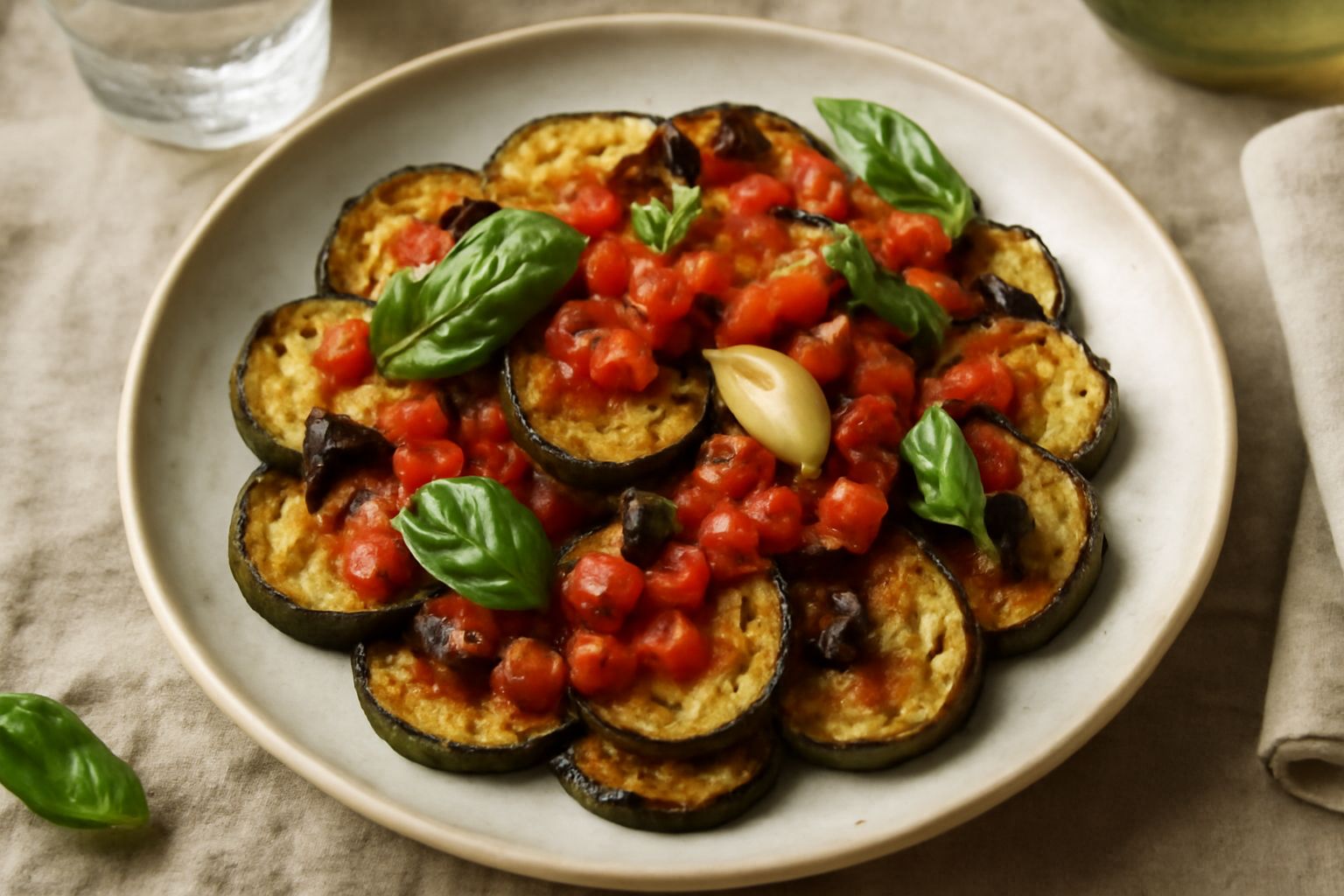 Zucchine fritte dorate e croccanti, tostate ai bordi, condite con pomodori rossi a dadini, fette di melanzane scure, foglie di basilico verde fresco e aglio in un piatto bianco, contorno di olio verde