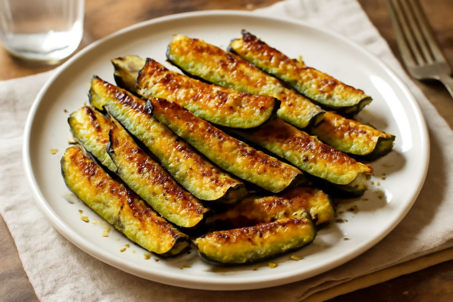 Zucchine arrostite tagliate a bastoncini, dorate e croccanti, condite con olio verde e origano fresco, disposte in una pirofila bianca su un tavolo di legno