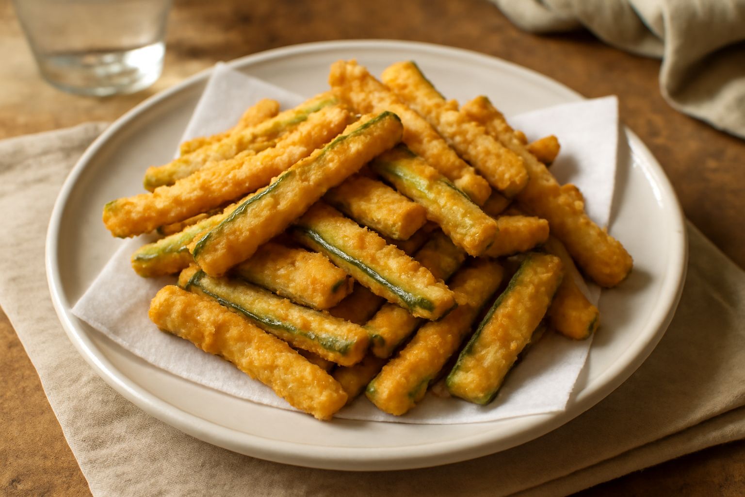 Zucchine fritte dorate disposte su carta assorbente bianca, tagliate a bastoncini, con panatura croccante visibile e una ciotola di salsa pomodoro di lato