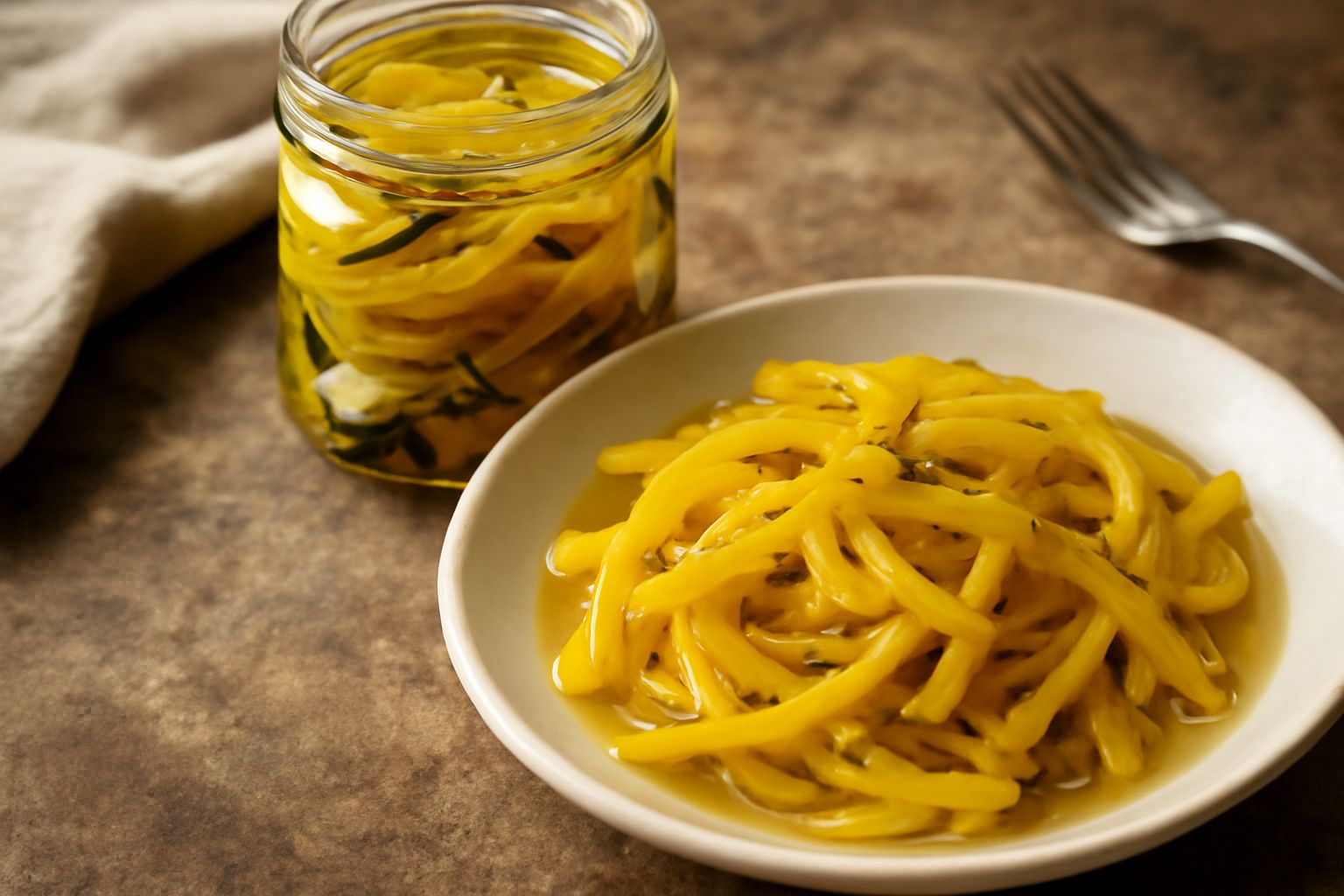 Vasetto di vetro con zucchine gialle tagliate a striscie sottili, immerse in olio trasparente con aghi di rosmarino, spicchi d'aglio e grani di pepe nero visibili, su sfondo chiaro di marmo