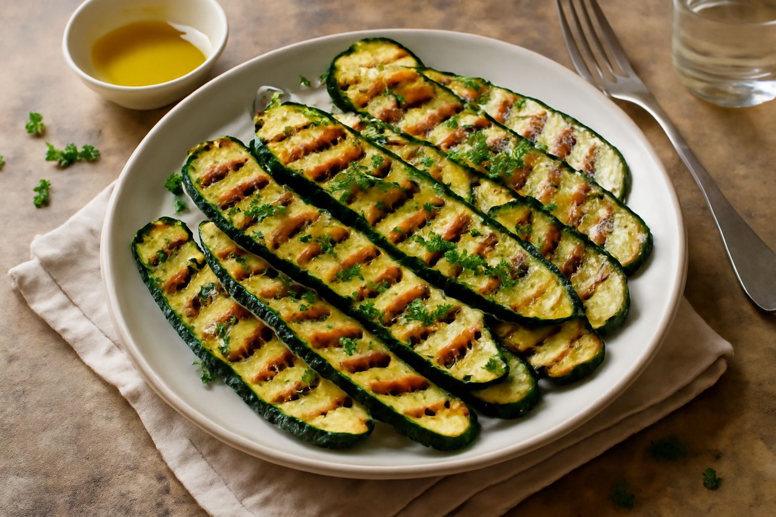 Zucchine grigliate tagliate a fette longitudinali con striature scure sulla griglia, cosparte di olio e pepe, su un piatto bianco