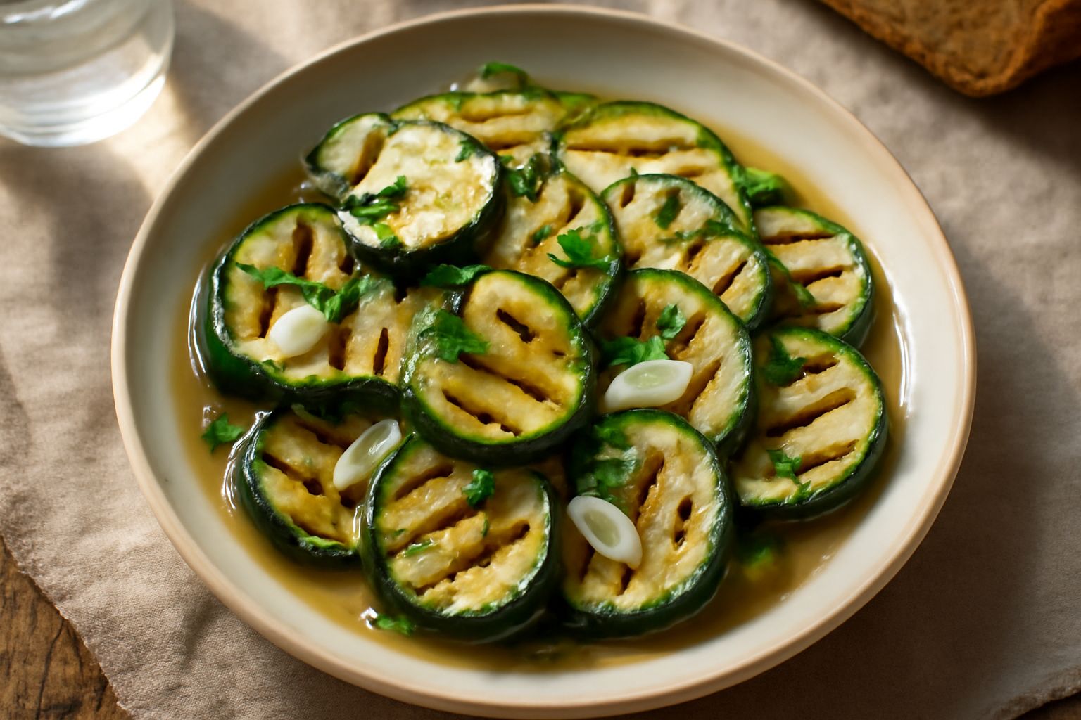 Zucchine grigliate tagliate a fette lunghe, rigate dai segni della griglia, disposte in un piatto bianco con olio lucido e foglioline di menta verde brillante sparse in superficie