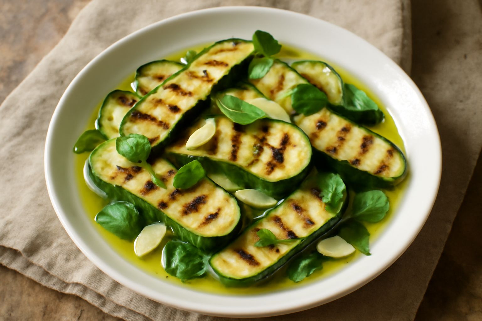 Zucchine tagliate a fette longitudinali, grigliate con striature scure, disposte in un barattolo di vetro trasparente coperte di olio d'oliva dorato, con spicchi d'aglio e foglie di basilico fresco vi