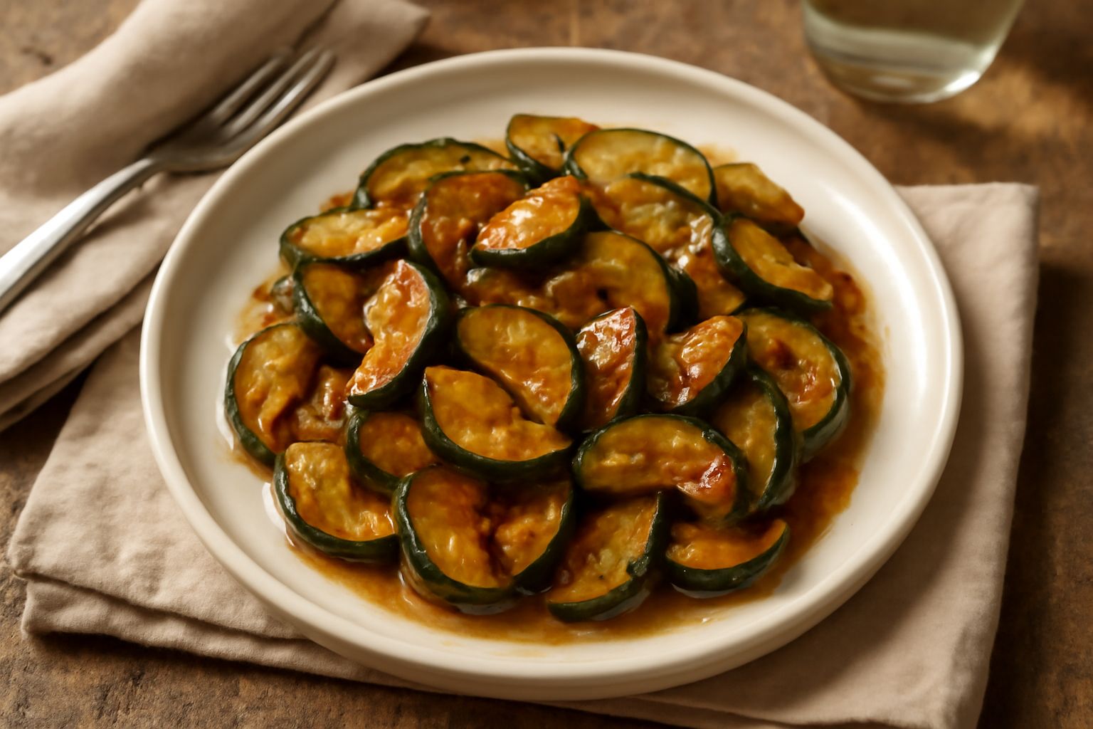 Zucchine tagliate a rondelle dorate, lucide di glassa agrodolce, in un piatto bianco con fondo sfocato di cucina