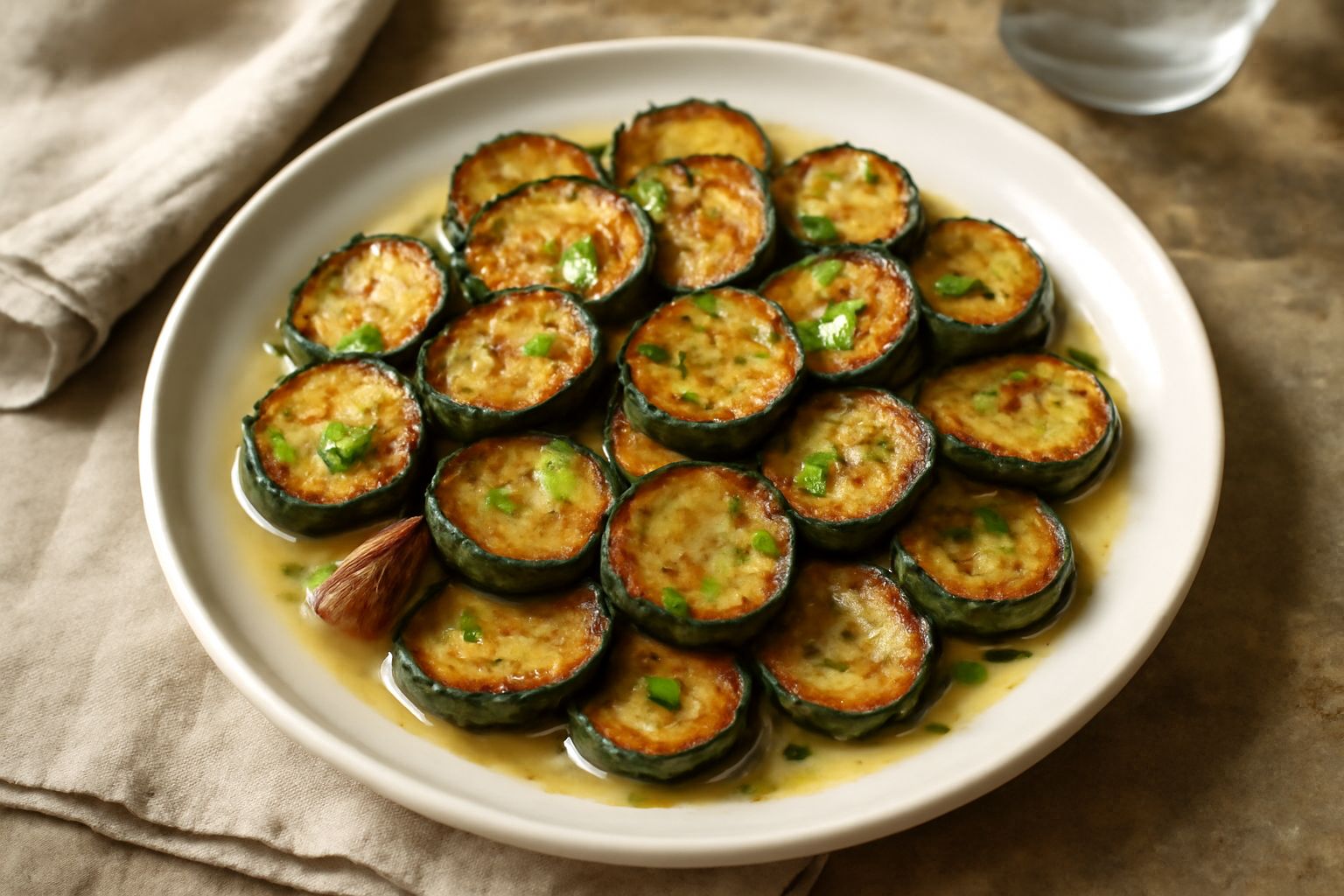 Zucchine tagliate a rondelle dorate e croccanti disposte in padella scura, con aglio e prezzemolo fresco, olio che luccica sulla superficie