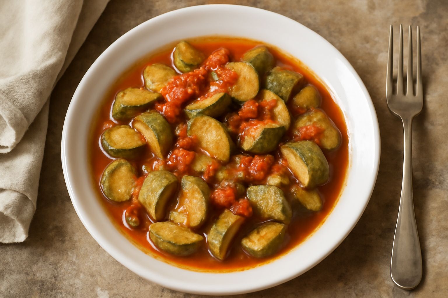 Zucchine a dadini in umido con pomodoro rosso vivo, cipolla trasparente dorata, aglio e prezzemolo verde fresco in un piatto bianco, olio d'oliva lucido in superficie