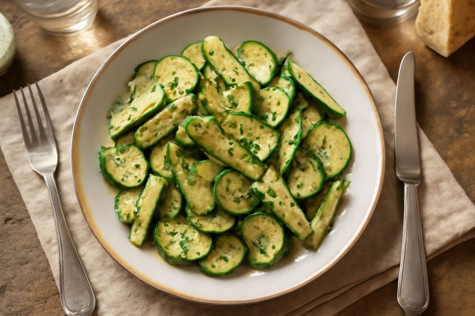 Zucchine tagliate a bastoncino di colore verde chiaro in un barattolo di vetro con aceto, aglio affettato e foglie di menta fresca