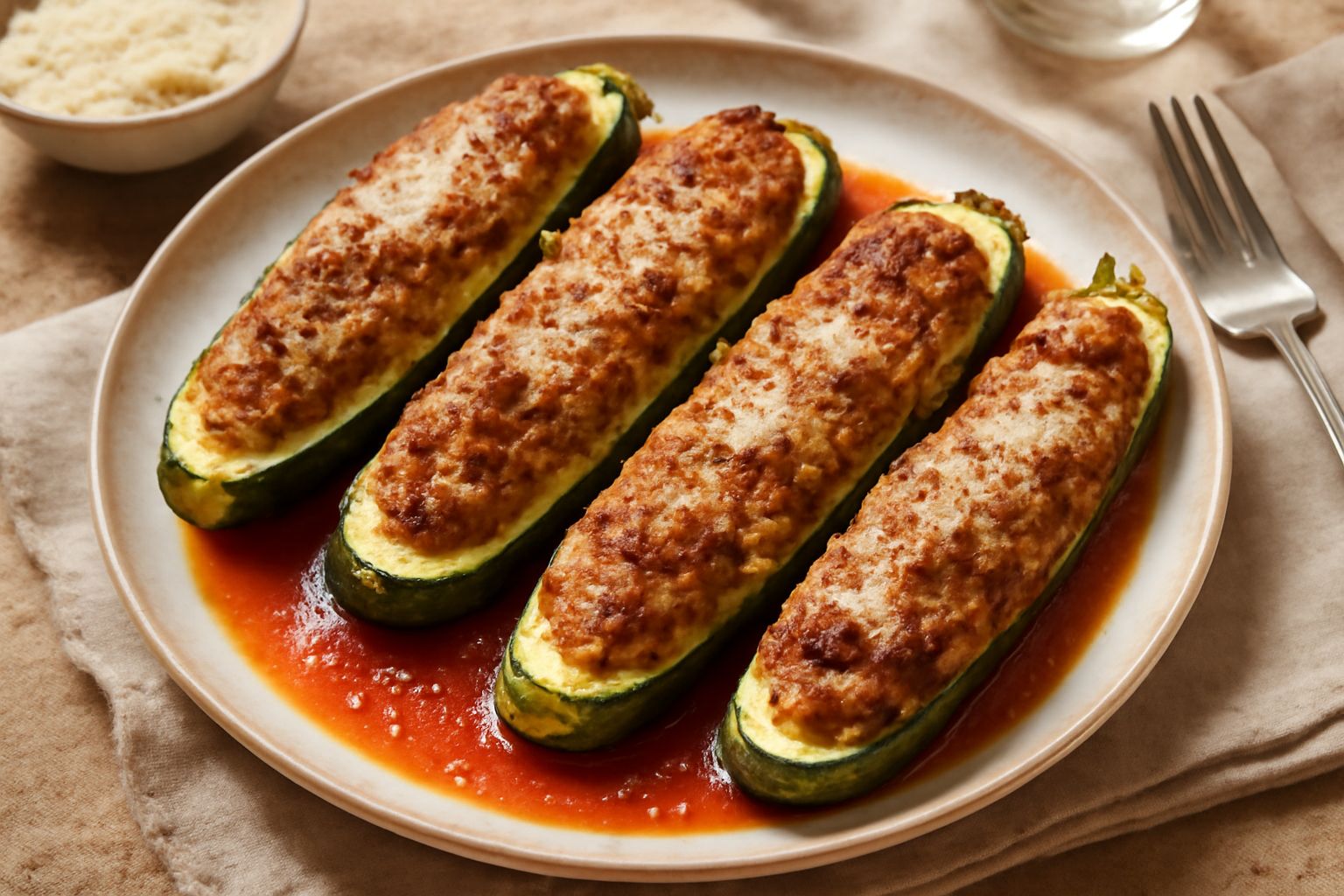 Zucchine ripiene dorate in teglia, farcite di carne e riso, coperte di pomodoro rosso e formaggio gratinato, vapore che sale dal piatto caldo