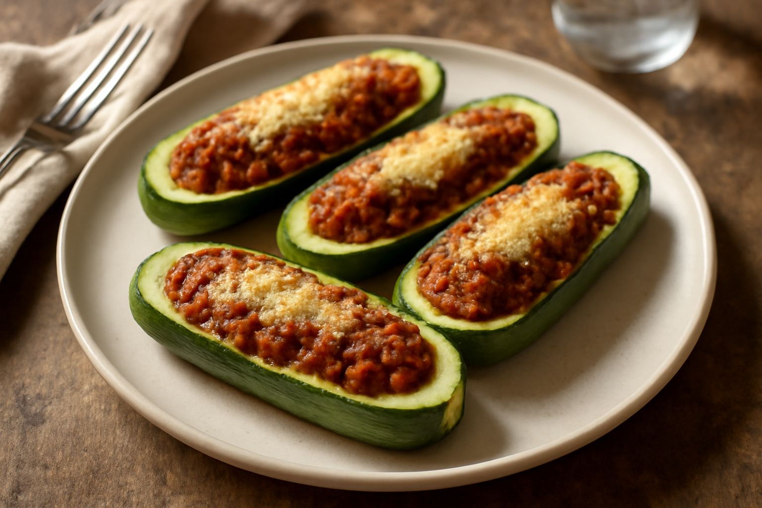 Due zucchine ripiene di carne macinata dorata nel piatto, tagliate a metà longitudinale, con il ripieno visibile e il formaggio fuso in superficie, contorno di sugo di pomodoro rosso vivo