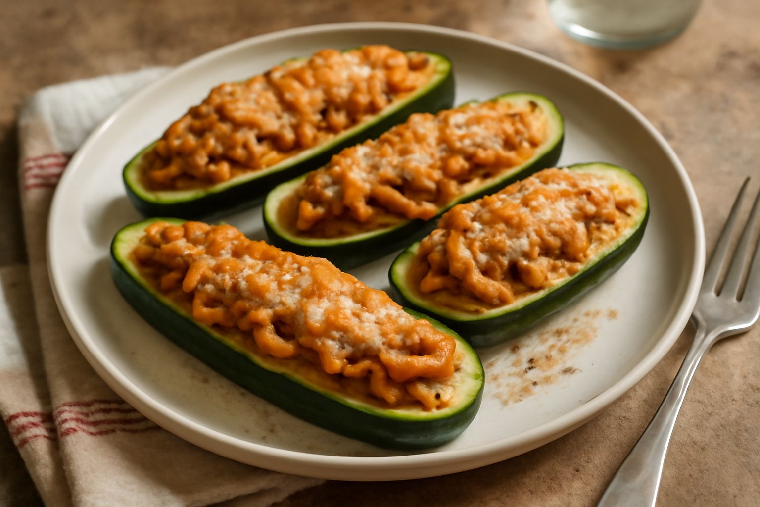 Zucchine tagliate a metà e riempite di pasta ragù, ricoperte di formaggio grattugiato dorato, disposte in una pirofila da forno con contorno di pomodoro fresco a dadini