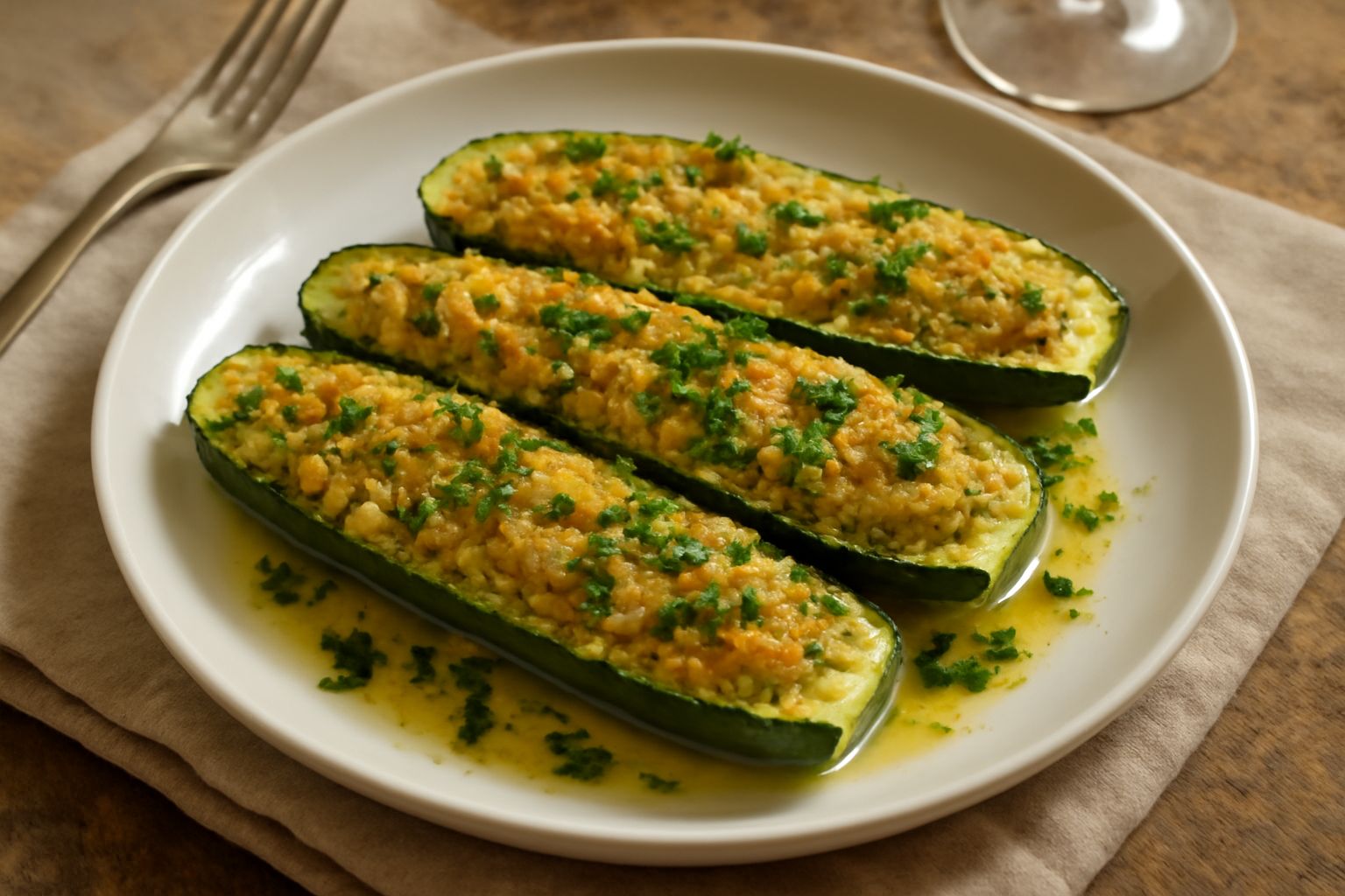 Zucchine tagliate a metà lunghe, ripiene di pangrattato dorato e prezzemolo verde, coperte da olio trasparente in un vasetto di vetro, su fondo bianco