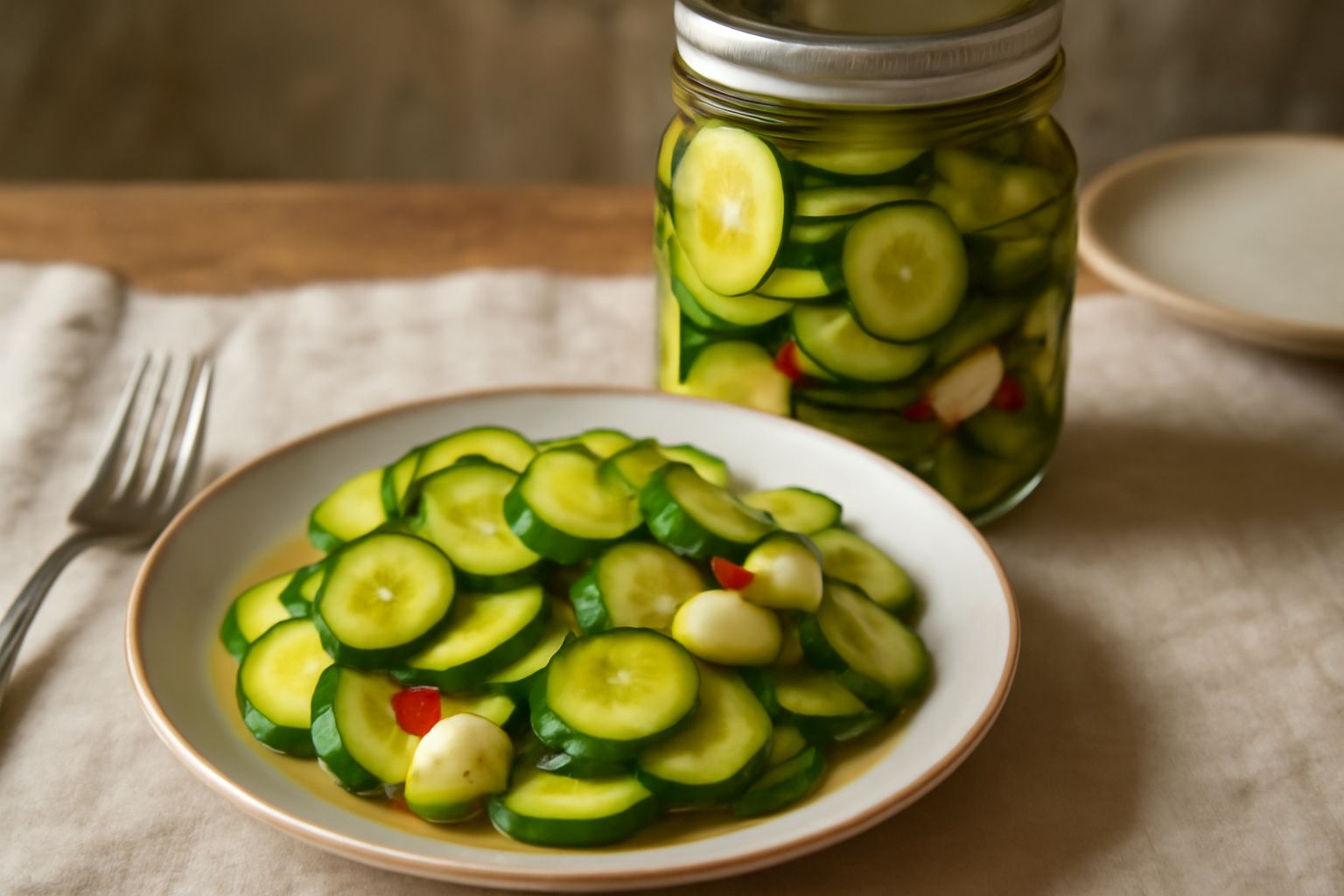 Vasetto di vetro trasparente con zucchine sottaceto di colore verde intenso, fettine sottili disposte verticalmente in liquido trasparente, aceto con aglio e peperoncino rosso vivo, sfondo neutro