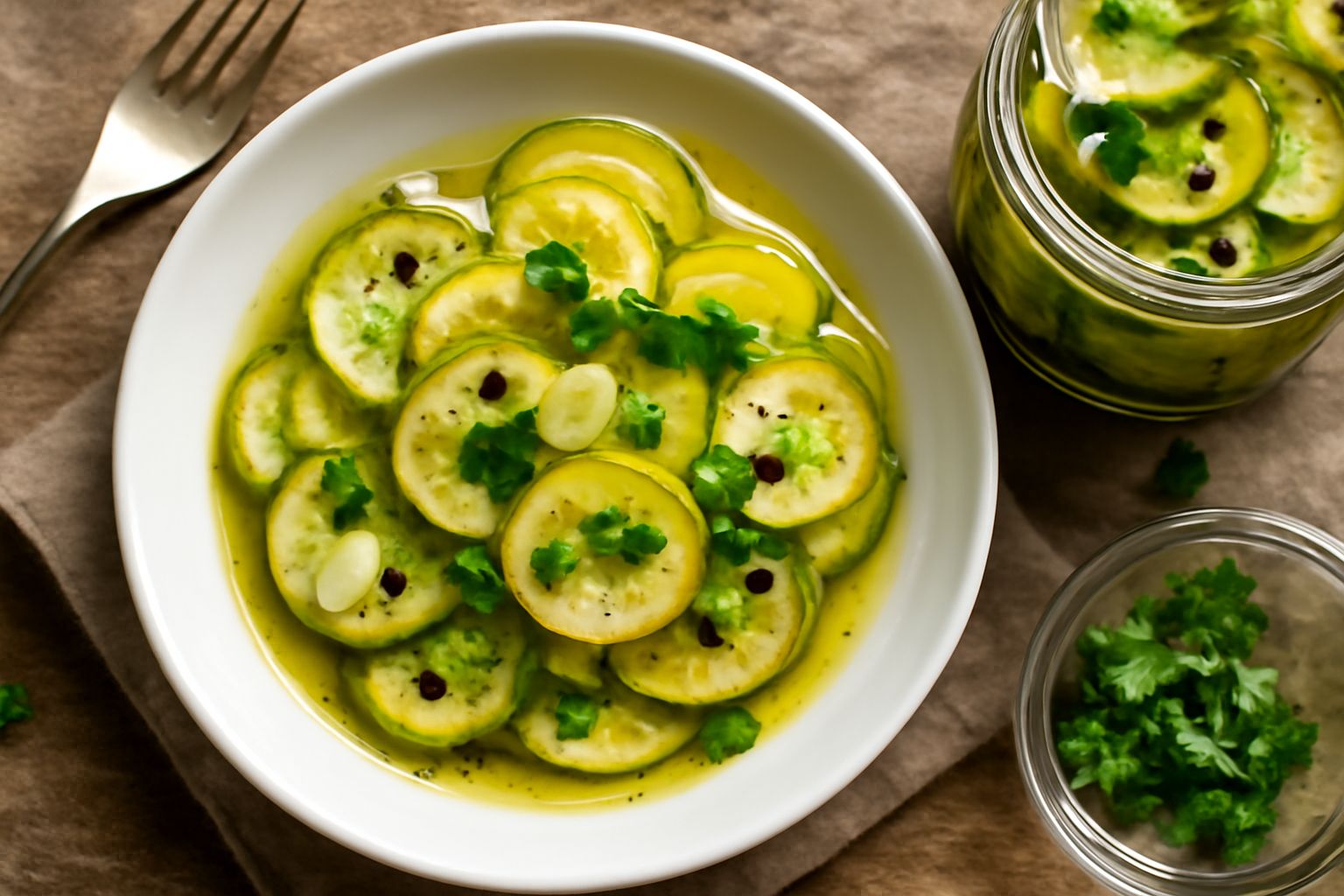 Barattolo di vetro con zucchine a fettine sottili giallastre e verdi, coperte da olio trasparente, aromi e spicchi d'aglio visibili tra le verdure