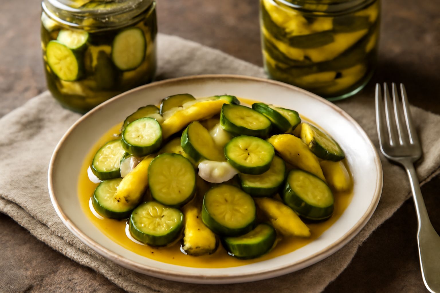 Vaso di vetro trasparente contenente zucchine tagliate a rondelle, di colore verde brillante e giallo, coperte da liquido trasparente con aglio e pepe nero visibili, su fondo di marmo bianco con un ca