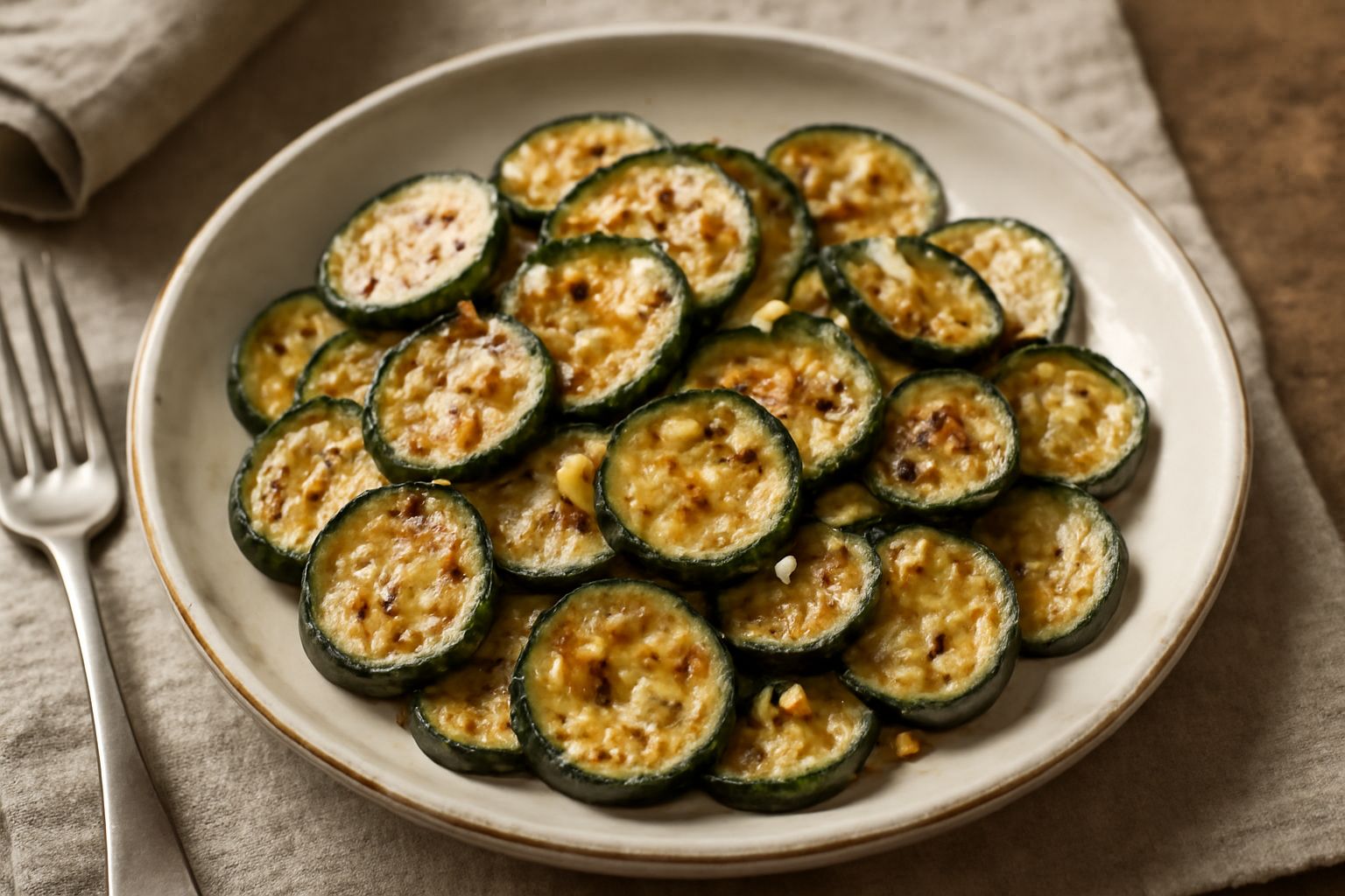 Zucchine tagliate a fette sottili, dorate e leggermente croccanti in una padella nera, con aglio affettato, prezzemolo fresco verde sparso sopra e gocce di olio lucido