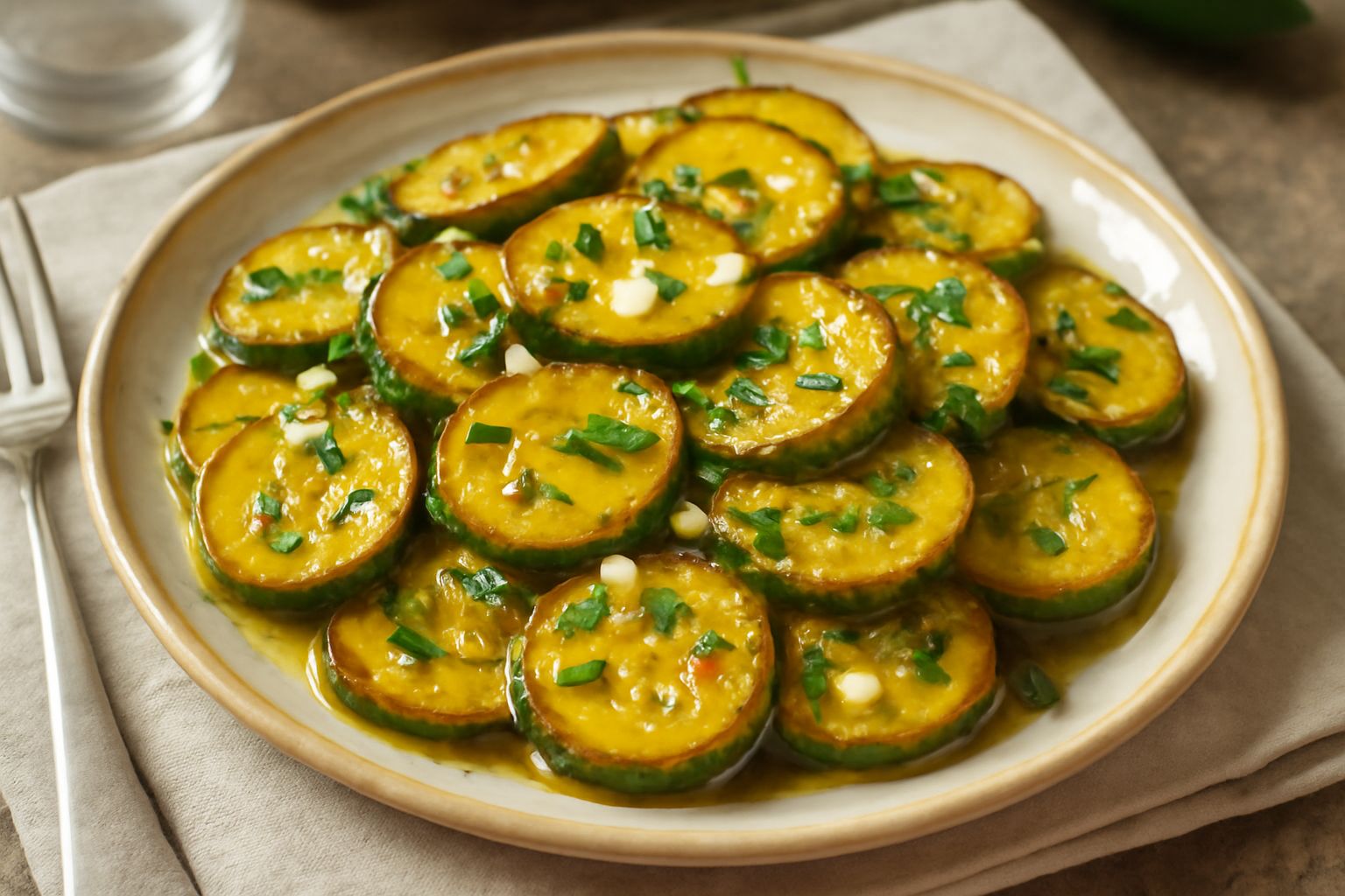 Zucchine trifolate in un piatto bianco, a fette sottili e dorate, con aglio e prezzemolo verde visibile, olio lucido in superficie, contorno sfumato in bianco