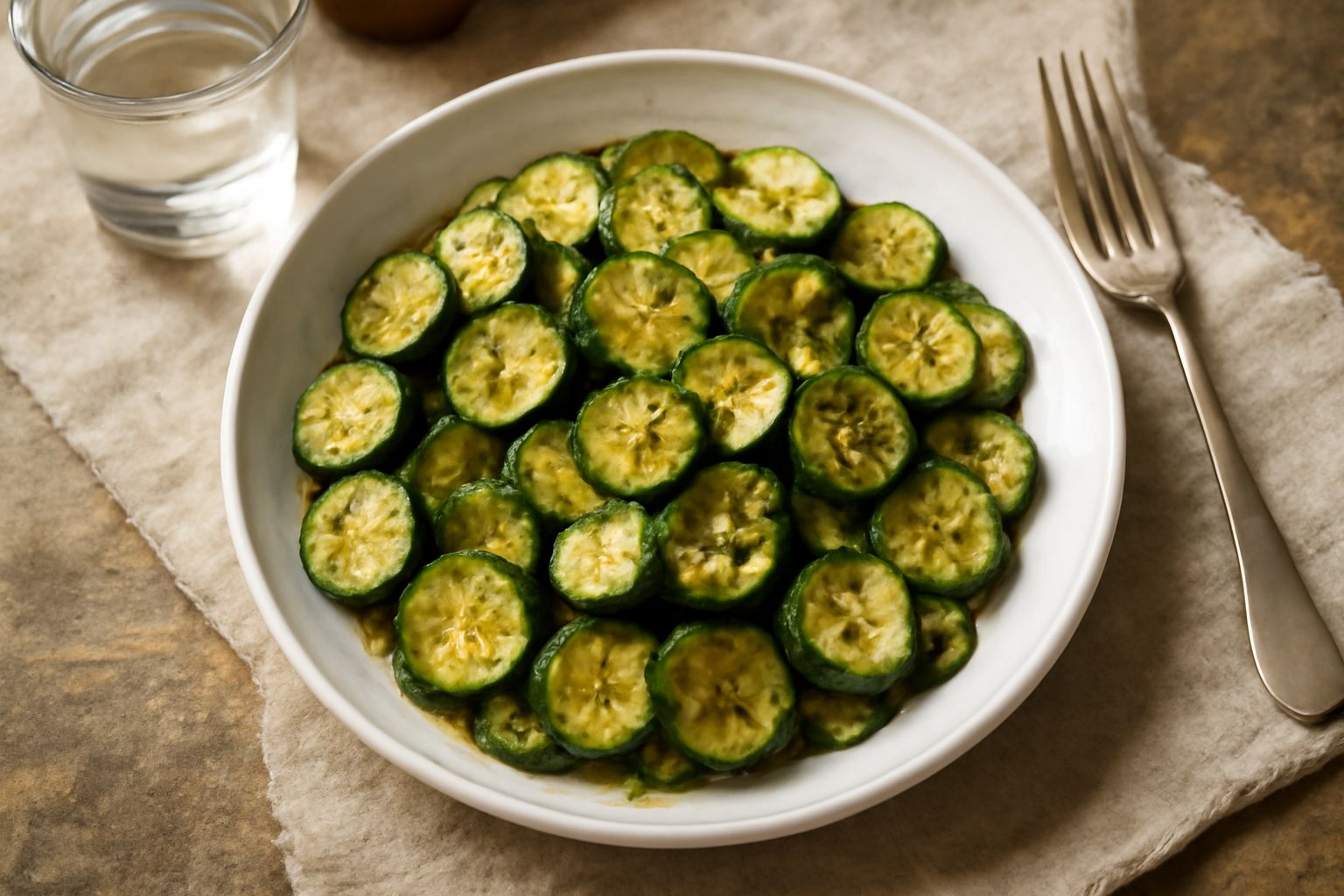 Zucchine trifolate fredde in ciotola bianca con fettine sottili di zucchina verde, aglio biancheggiante e prezzemolo fresco verde, su tavolo di legno chiaro