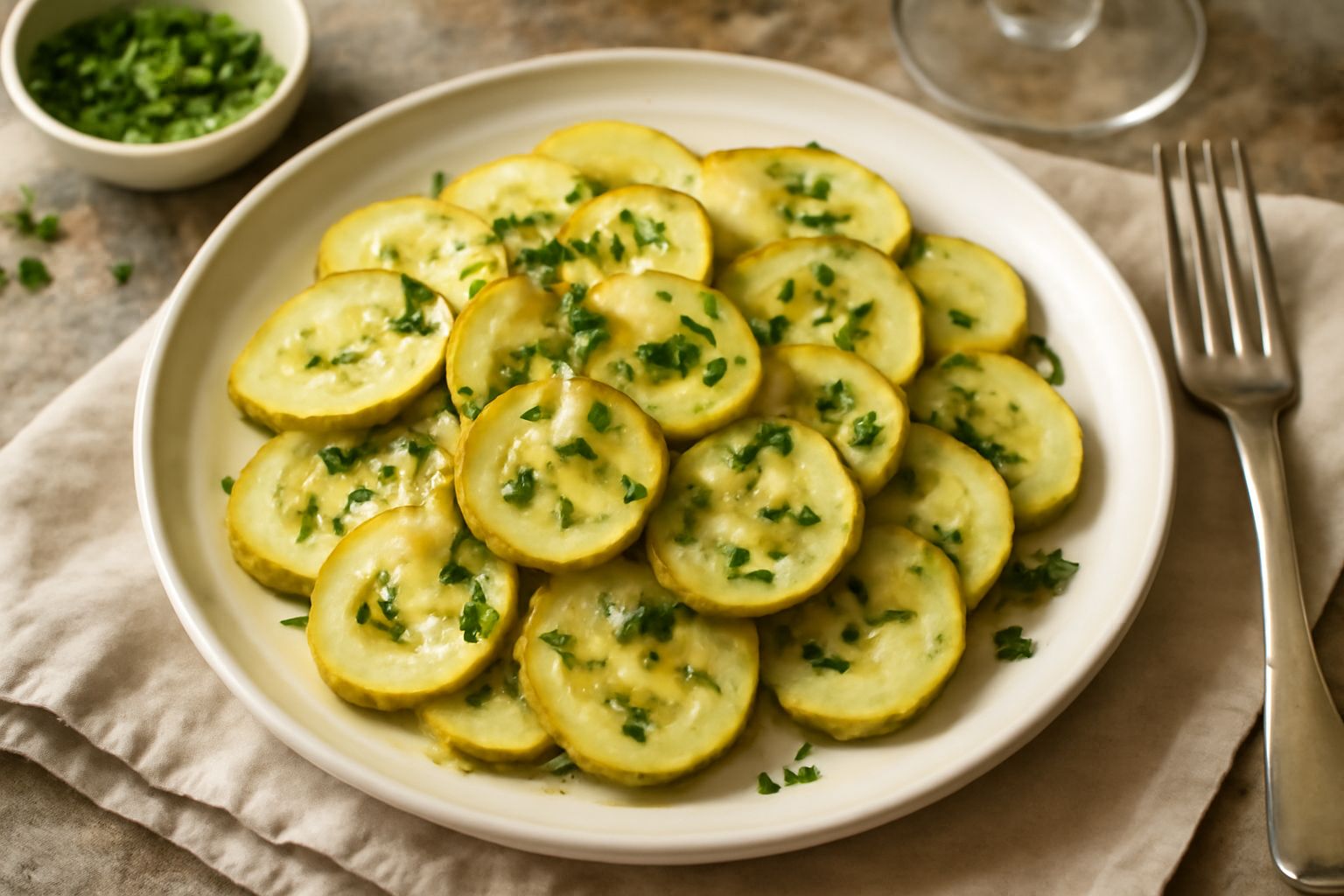 Zucchine trifolate in bianco in un piatto bianco, affettate sottilmente e dorate ai bordi, con prezzemolo fresco e spicchi di aglio visibili, olio lucido in superficie