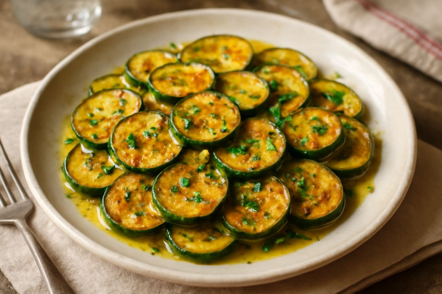 Piatto bianco con zucchine trifolate dorate, coperte d'olio, aglio e prezzemolo verde fresco sparso in superficie, accarezzate da una leggera brillantezza oleosa