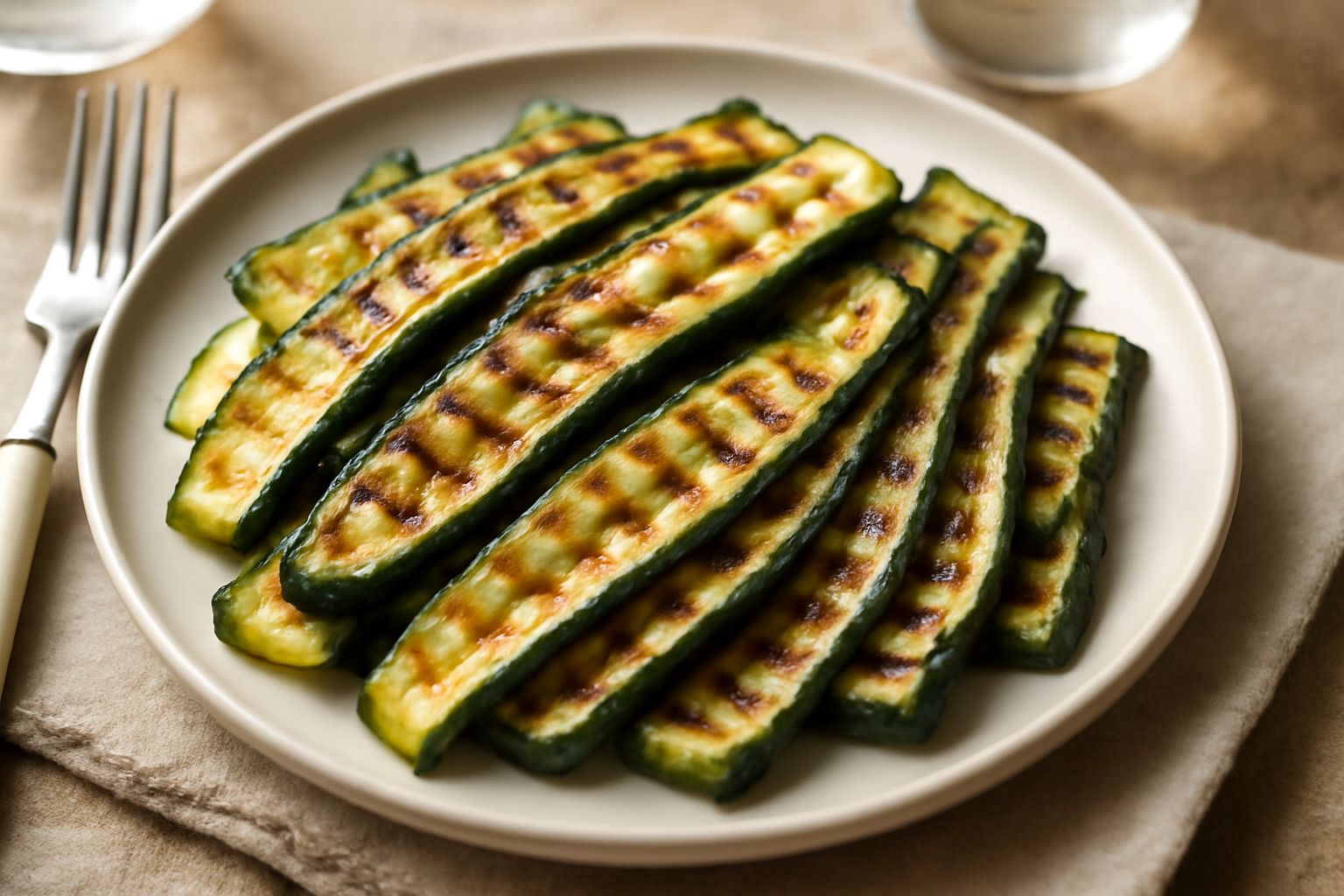 Zucchini verdi affettati longitudinalmente, leggermente dorati con segni di griglia, disposti su un piatto bianco, cosparsi di olio d'oliva, aglio tritato fresco e fettine sottili di limone giallo