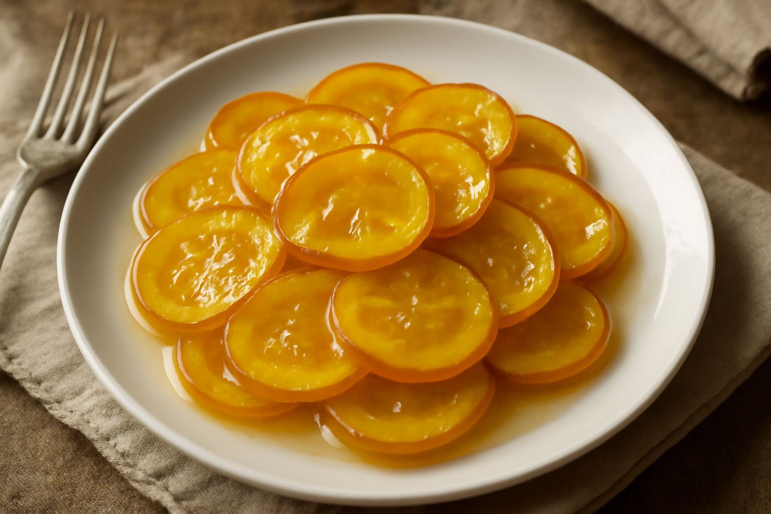 Zucchini canditi in un piatto bianco: fette lucide di zucchino color oro con un velo di glassa trasparente, cosparsi di aceto balsamico, contorno di prezzemolo fresco.