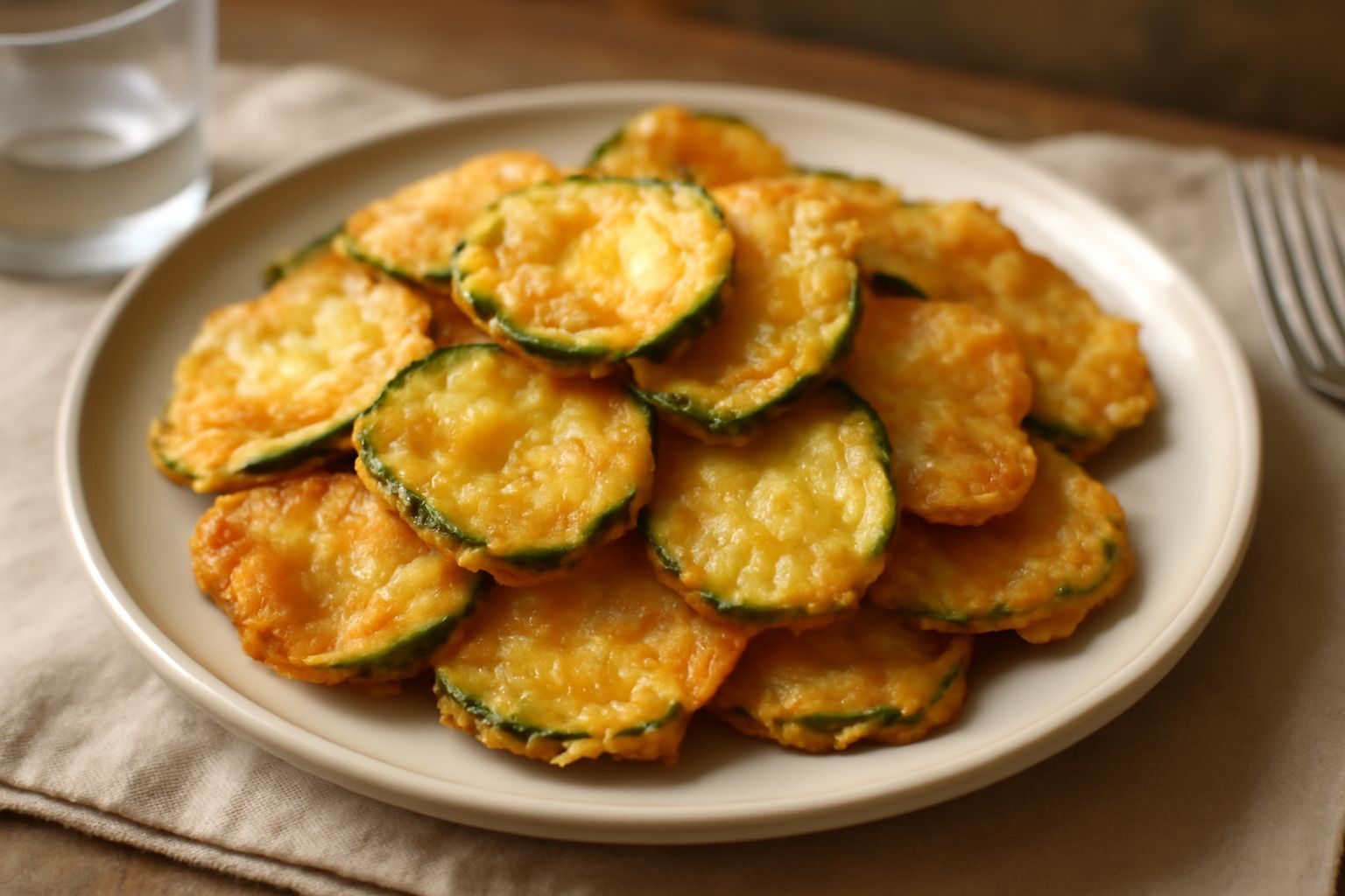 Zucchini fritti in pastella dorati e croccanti disposti in mucchio su carta assorbente bianca, con interno morbido visibile alla frattura, spruzzati di sale fino